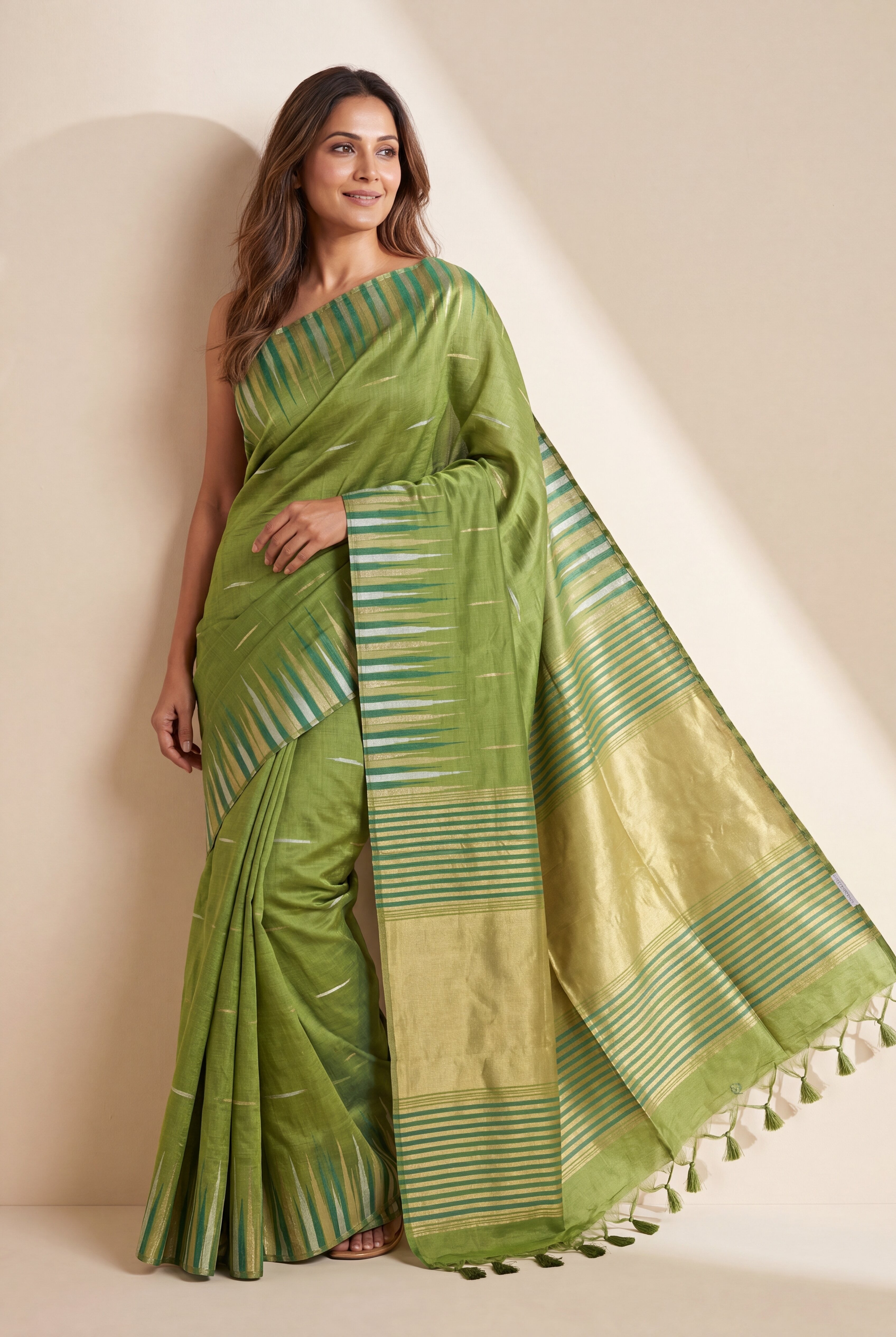 Parrot Green Tussar Silk Saree with Resham and Zari Irkal border
