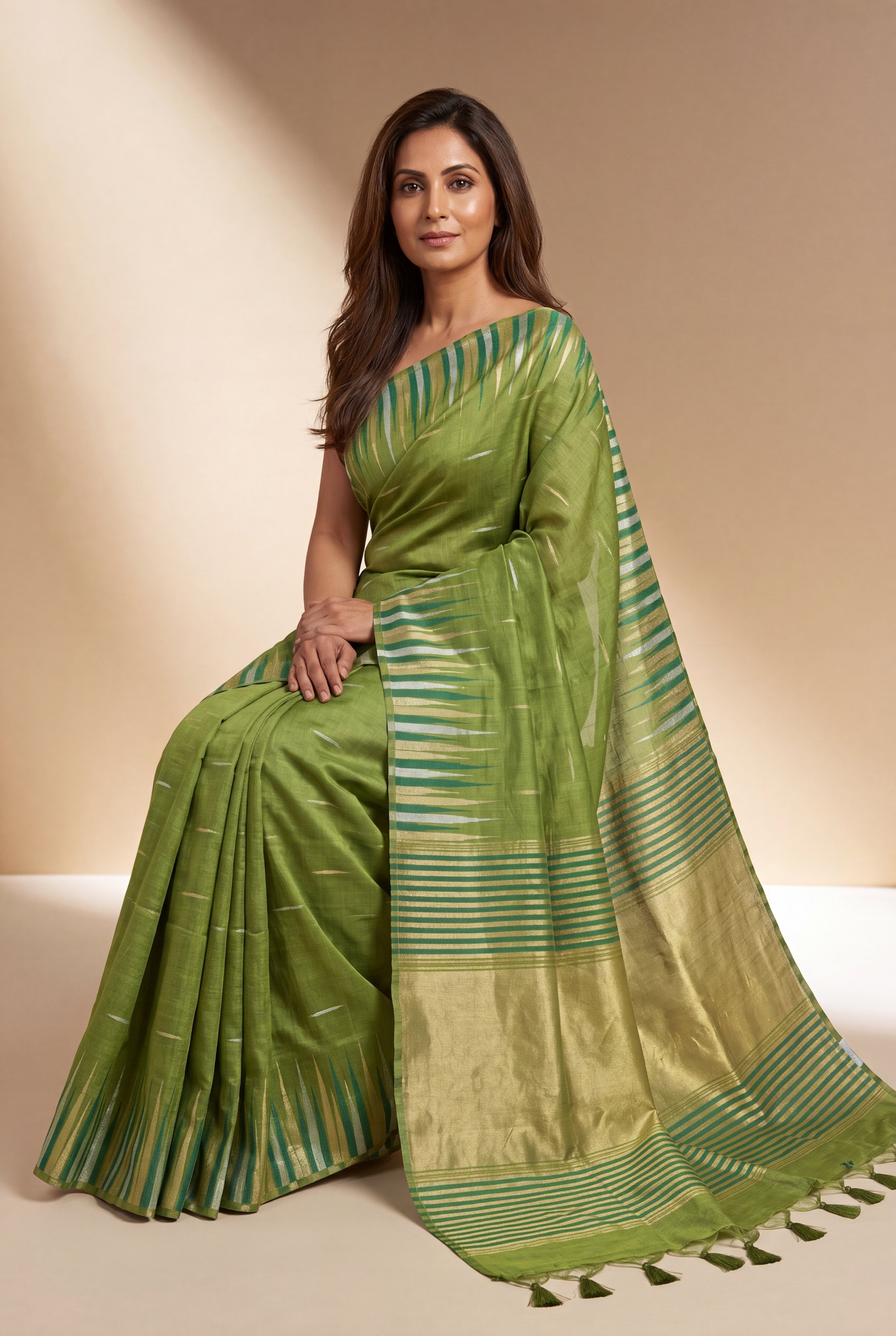 Parrot Green Tussar Silk Saree with Resham and Zari Irkal border