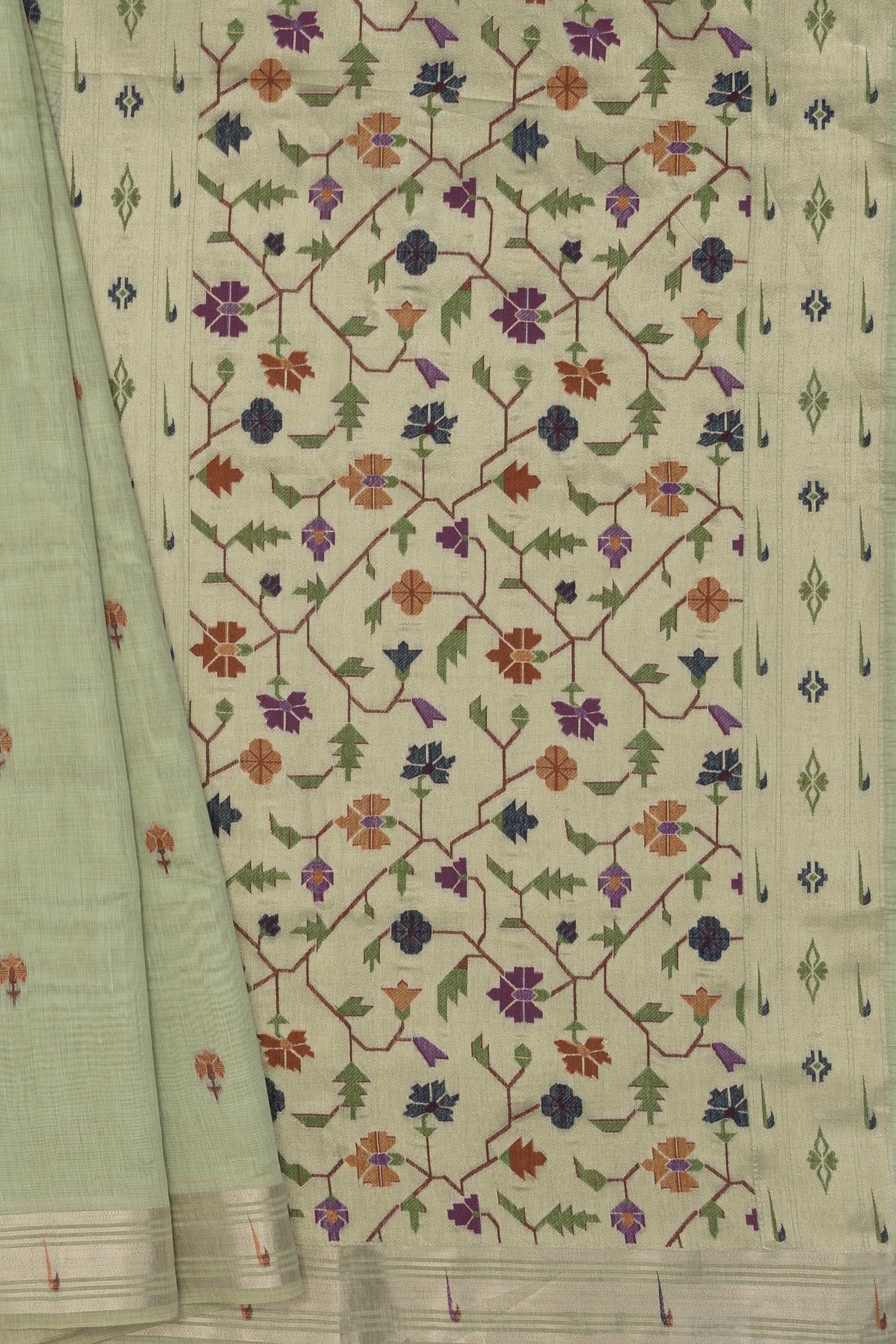 Pastel Green Cotton Paithani Saree with Asawali-Prasūna Pallu