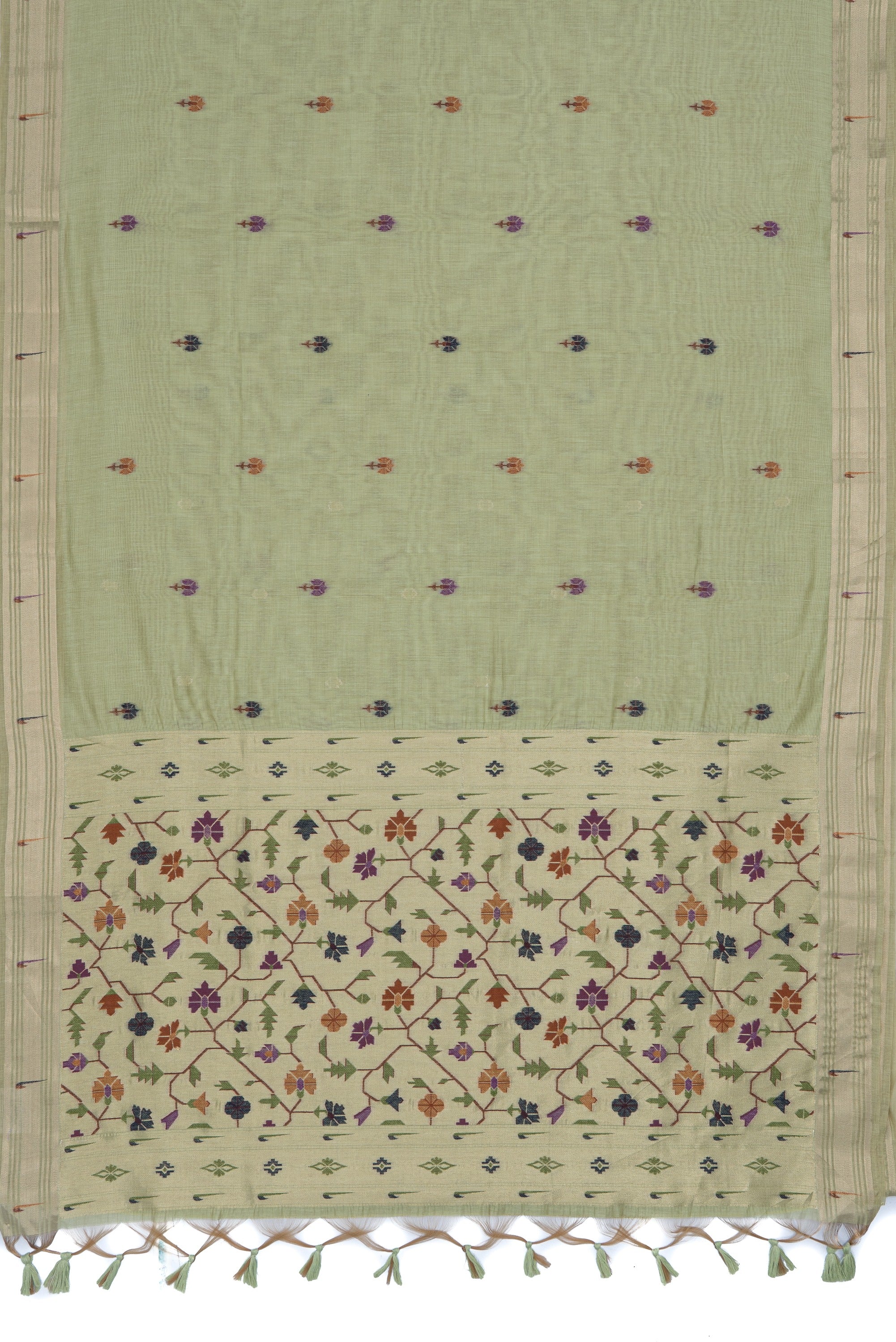 Pastel Green Cotton Paithani Saree with Asawali-Prasūna Pallu