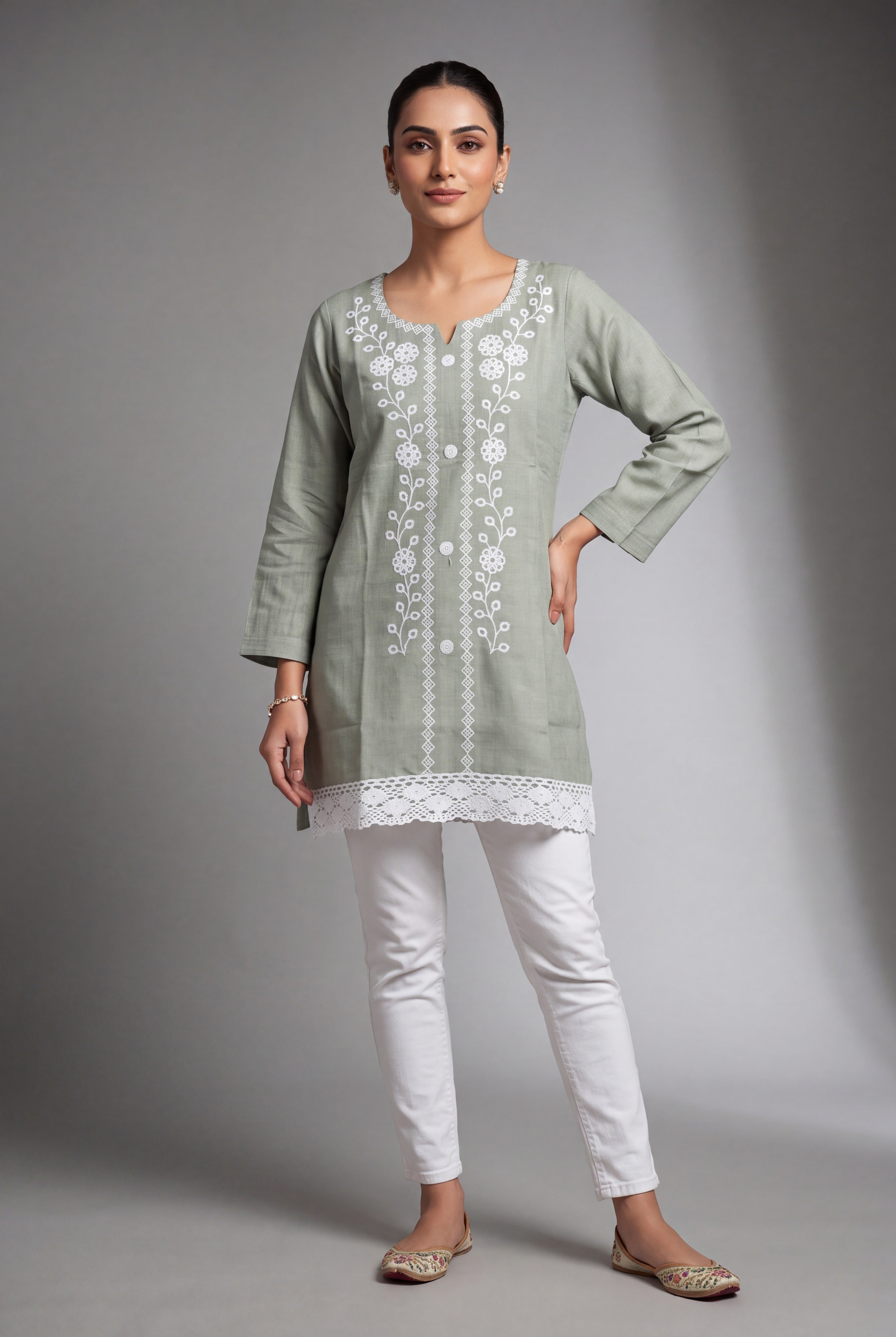 Pastel Green Lucknowi Chikankari Kurti with Crochet Lace Hem