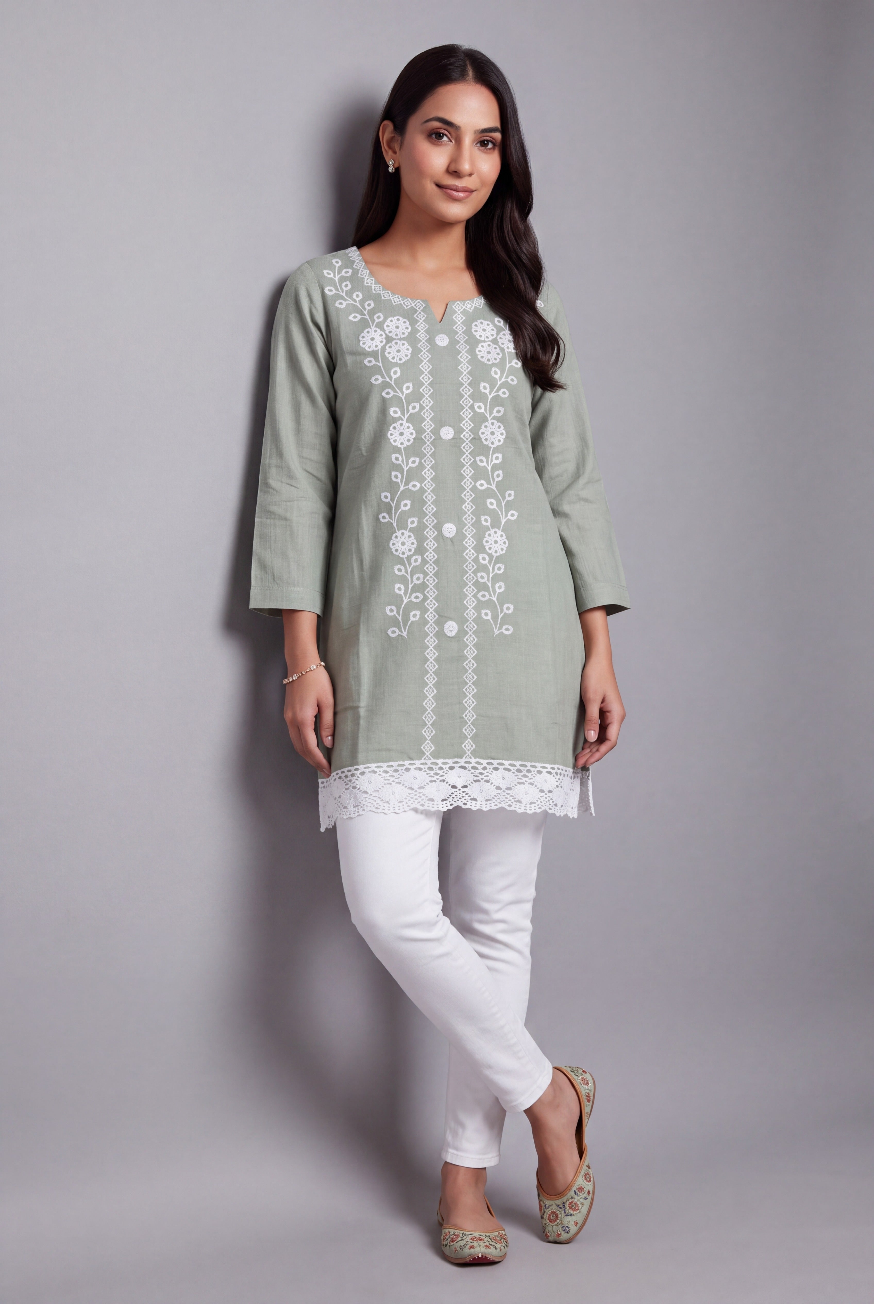 Pastel Green Lucknowi Chikankari Kurti with Crochet Lace Hem