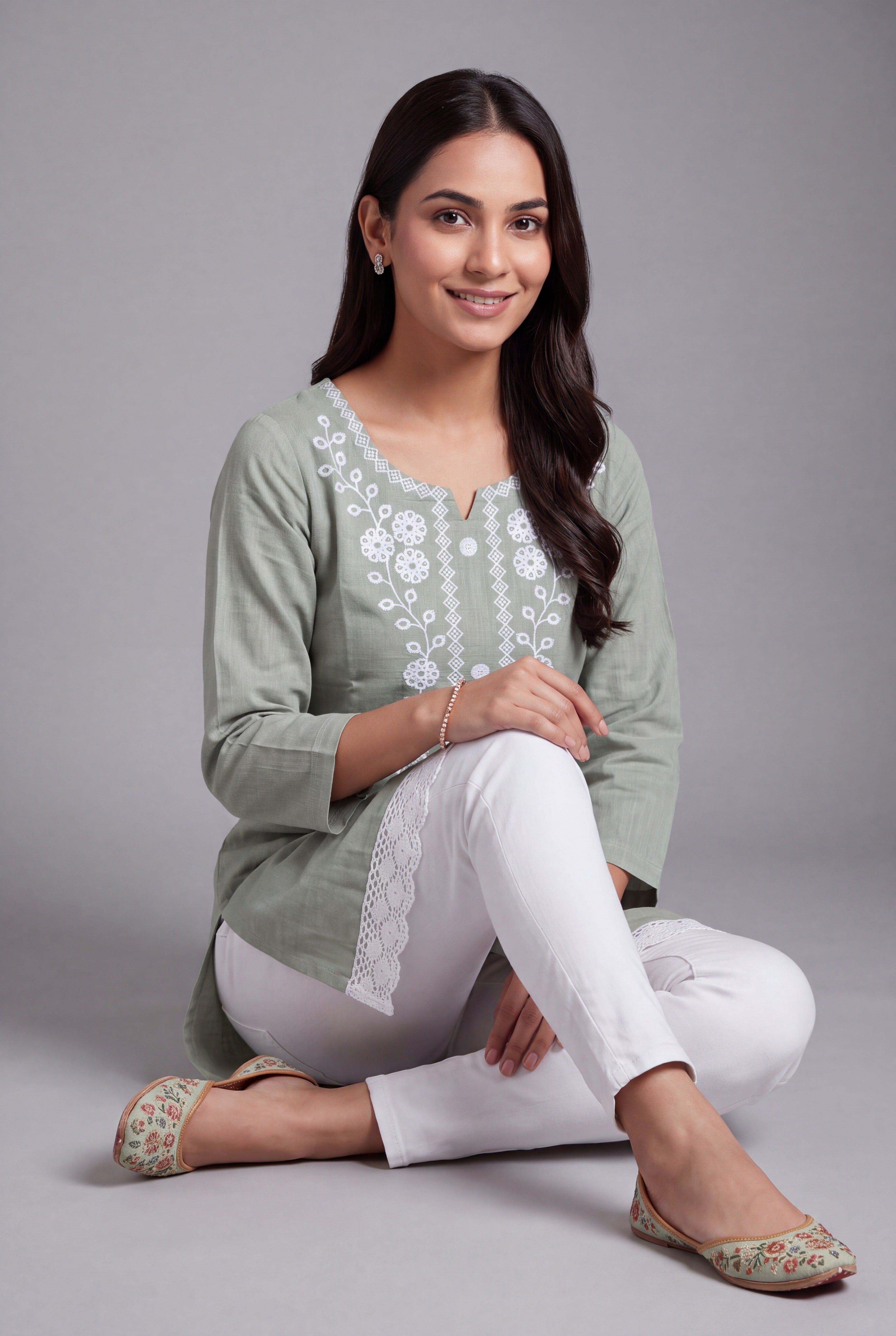 Pastel Green Lucknowi Chikankari Kurti with Crochet Lace Hem
