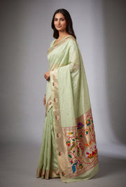Pastel Green Tissue Organza Paithani Saree with Dhenu-vallī Pallu and Nandi border