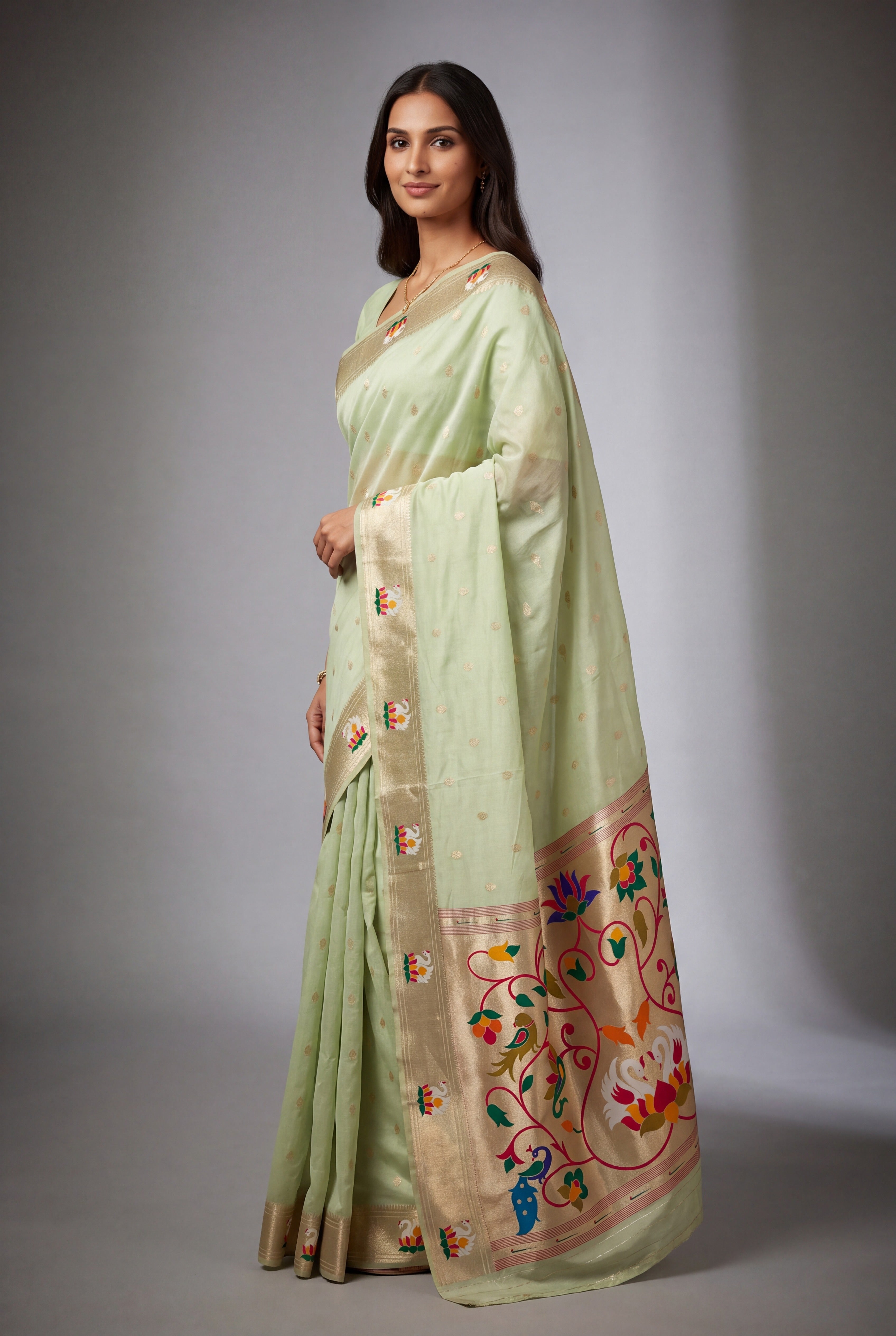 Pastel Green Tissue Organza Paithani Saree with Dhenu-vallī Pallu and Nandi border