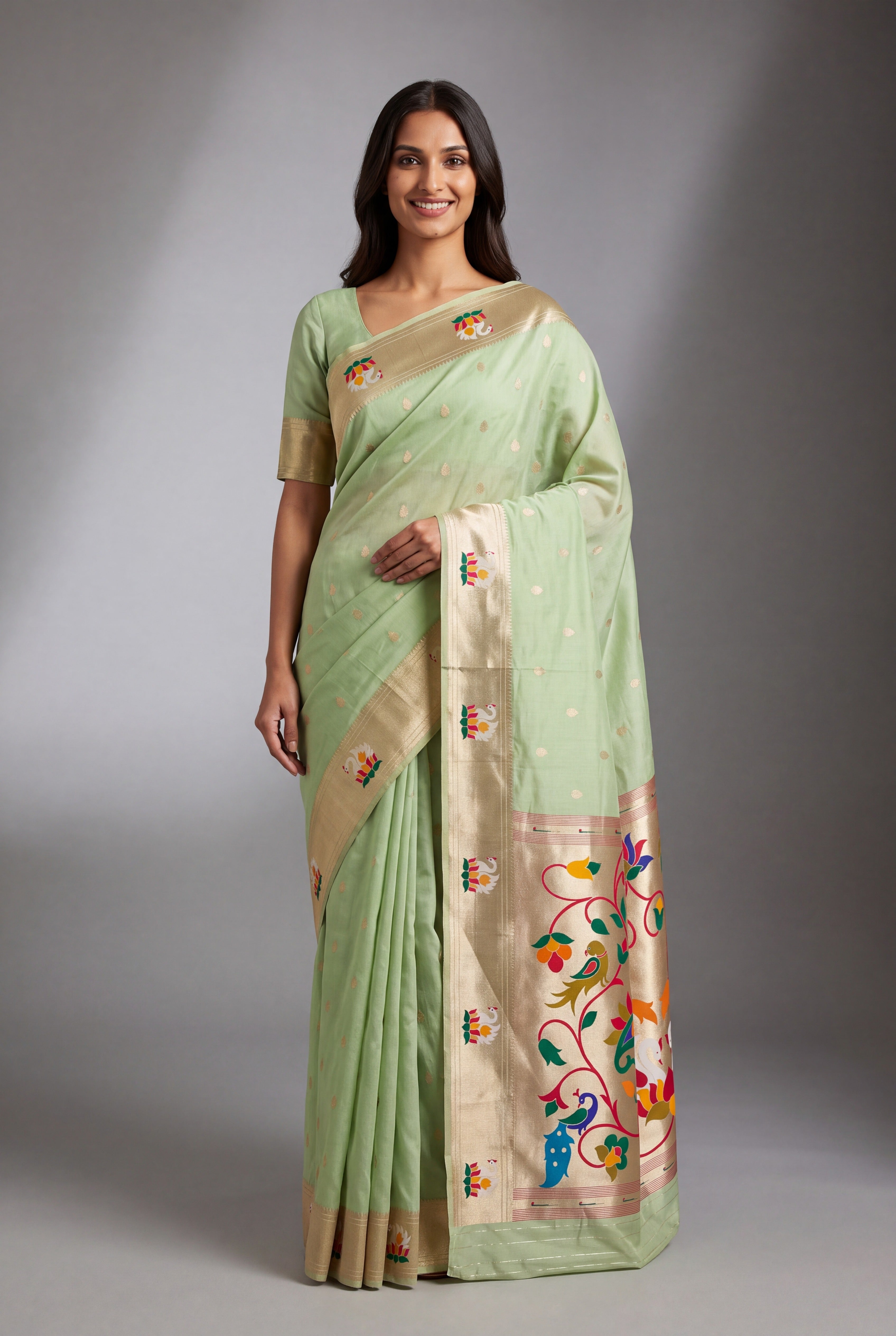 Pastel Green Tissue Organza Paithani Saree with Dhenu-vallī Pallu and Nandi border