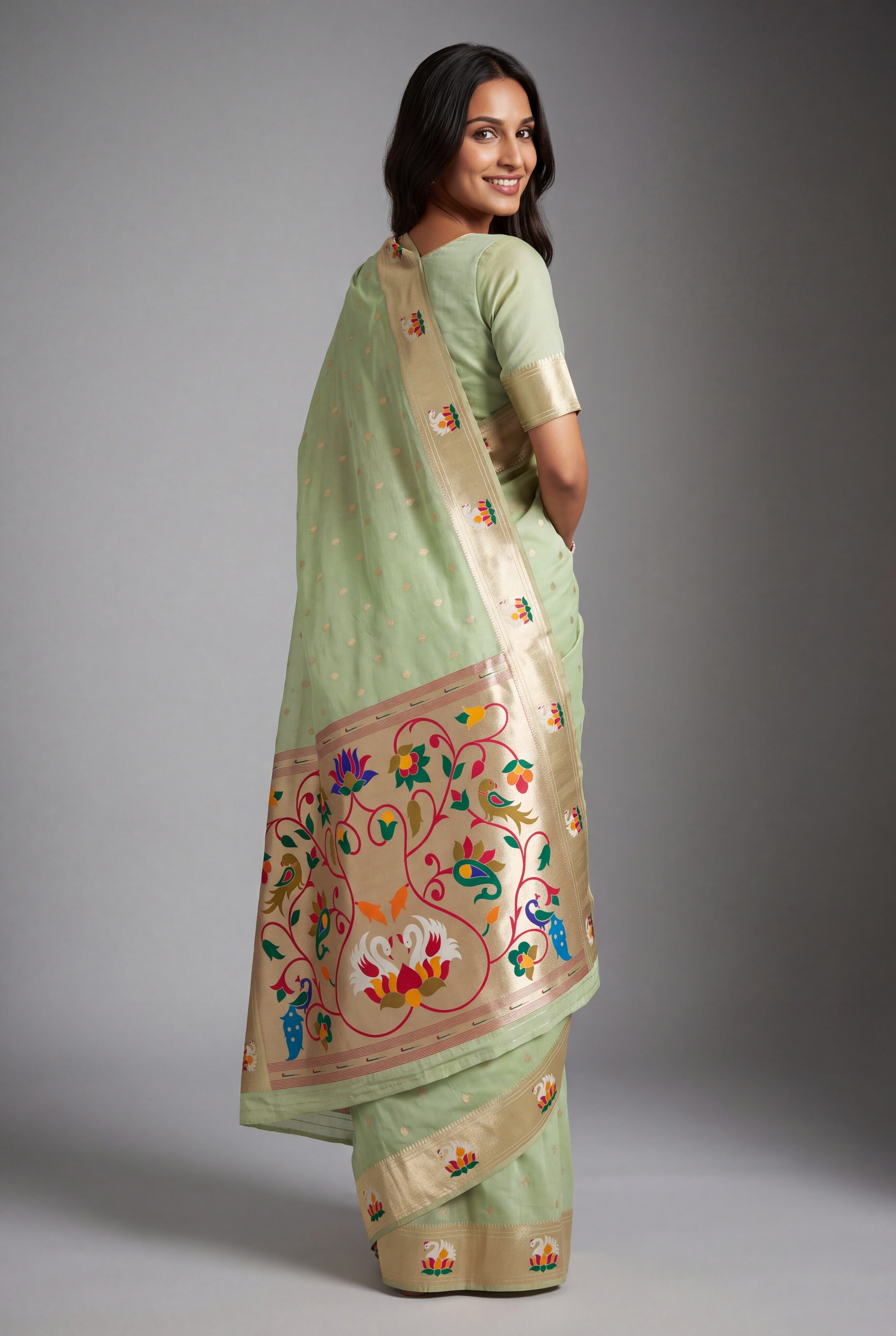 Pastel Green Tissue Organza Paithani Saree with Dhenu-vallī Pallu and Nandi border