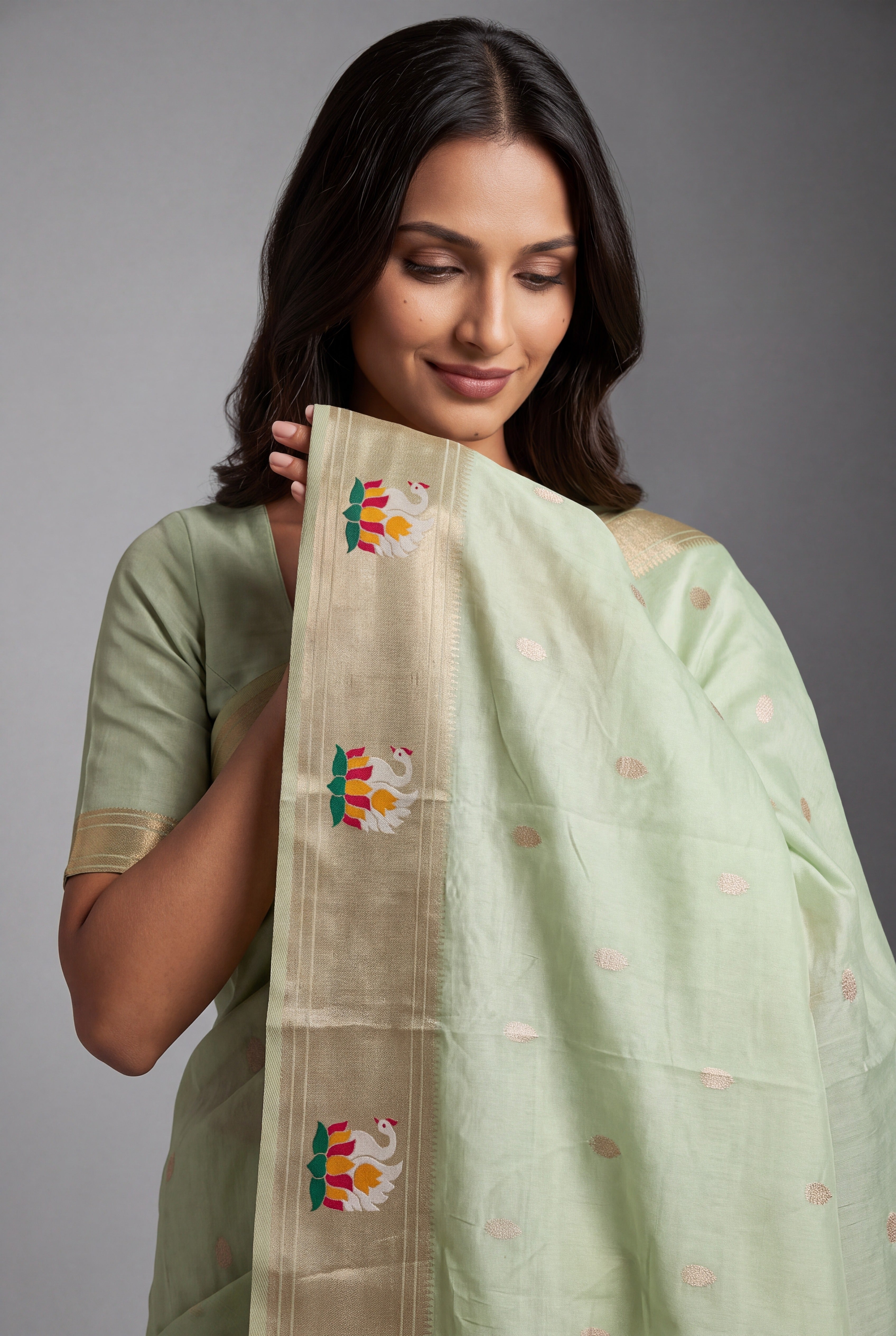 Pastel Green Tissue Organza Paithani Saree with Dhenu-vallī Pallu and Nandi border