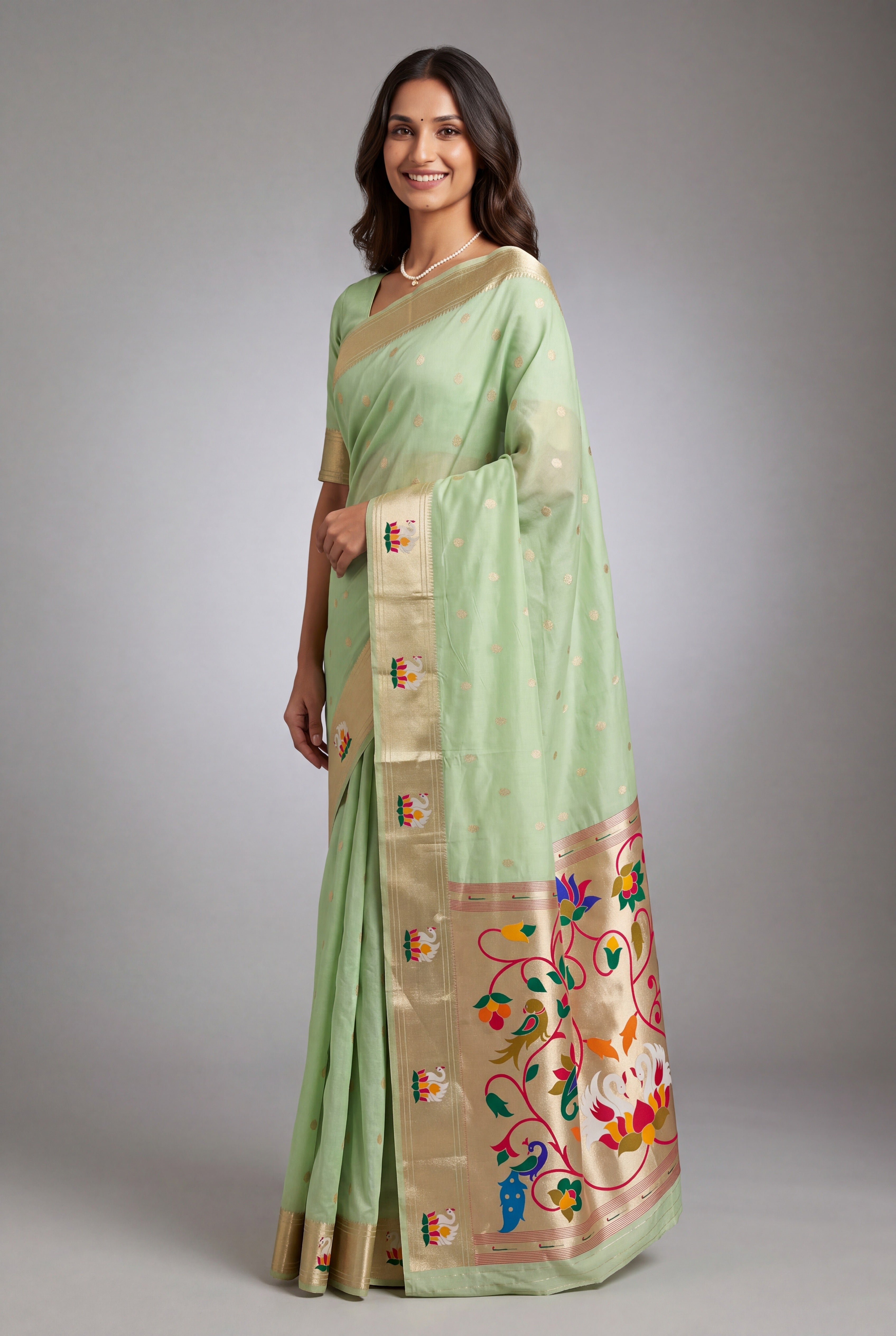 Pastel Green Tissue Organza Paithani Saree with Dhenu-vallī Pallu and Nandi border