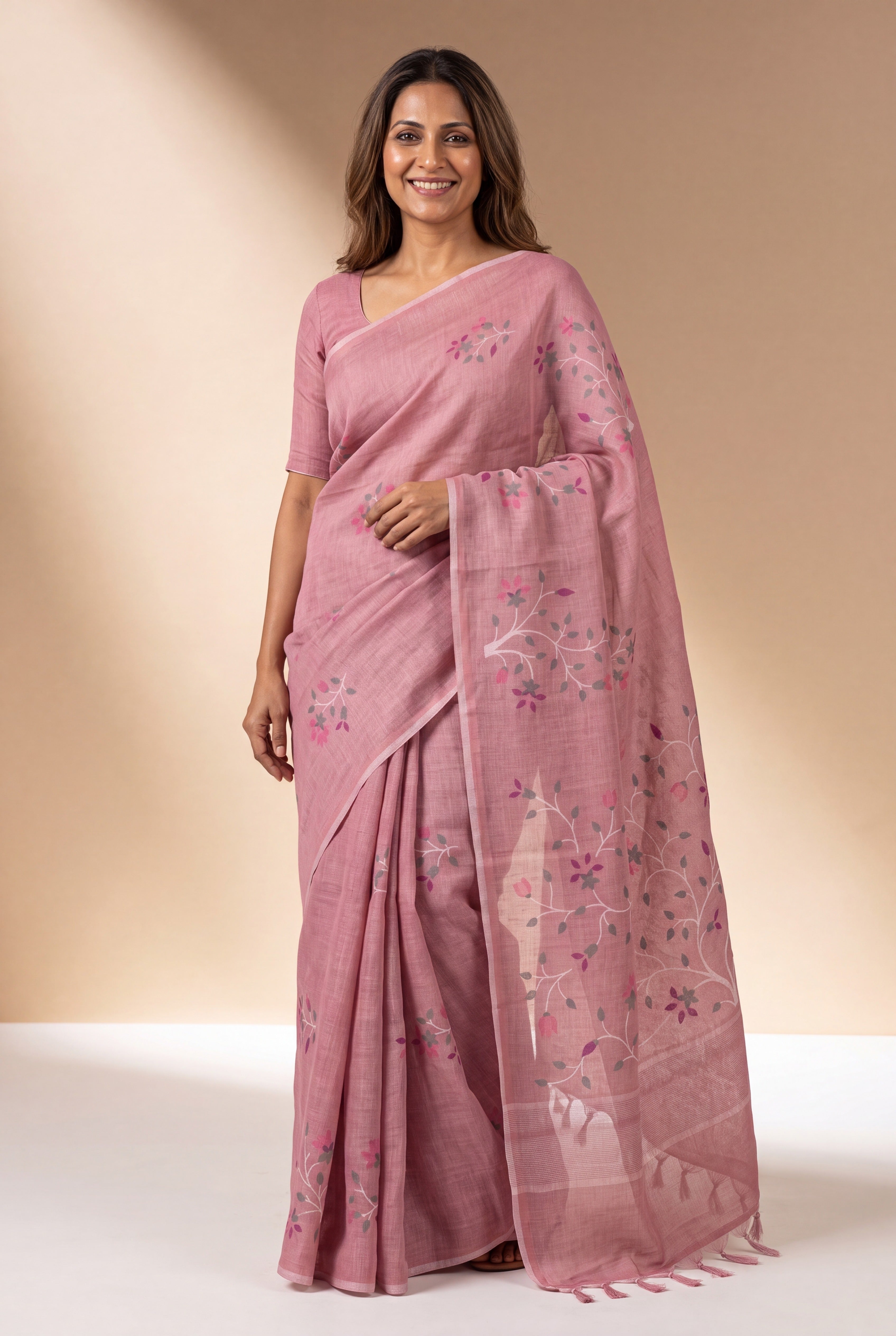 Pastel Pink Cotton Saree with Kusumāvalī Print