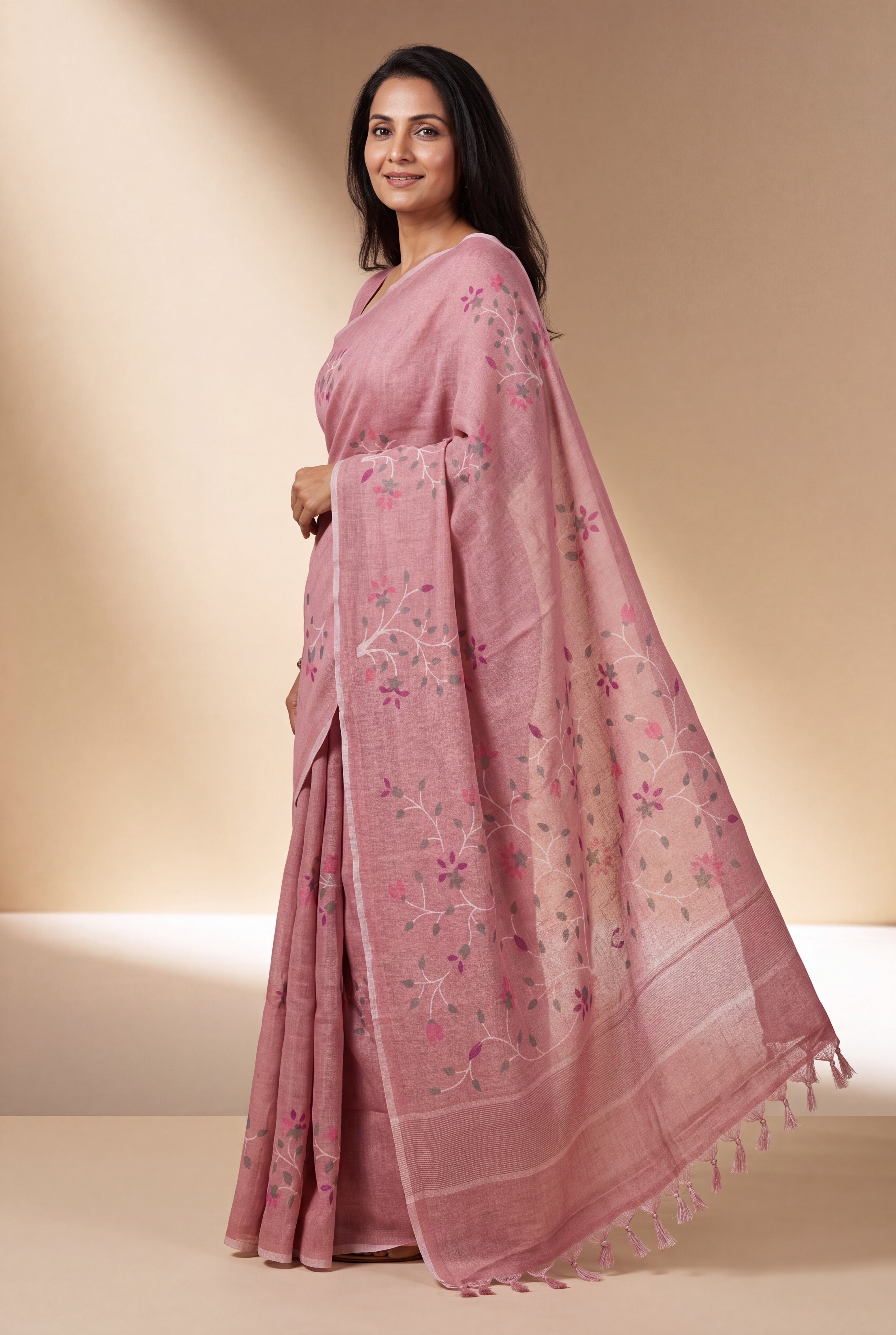 Pastel Pink Cotton Saree with Kusumāvalī Print