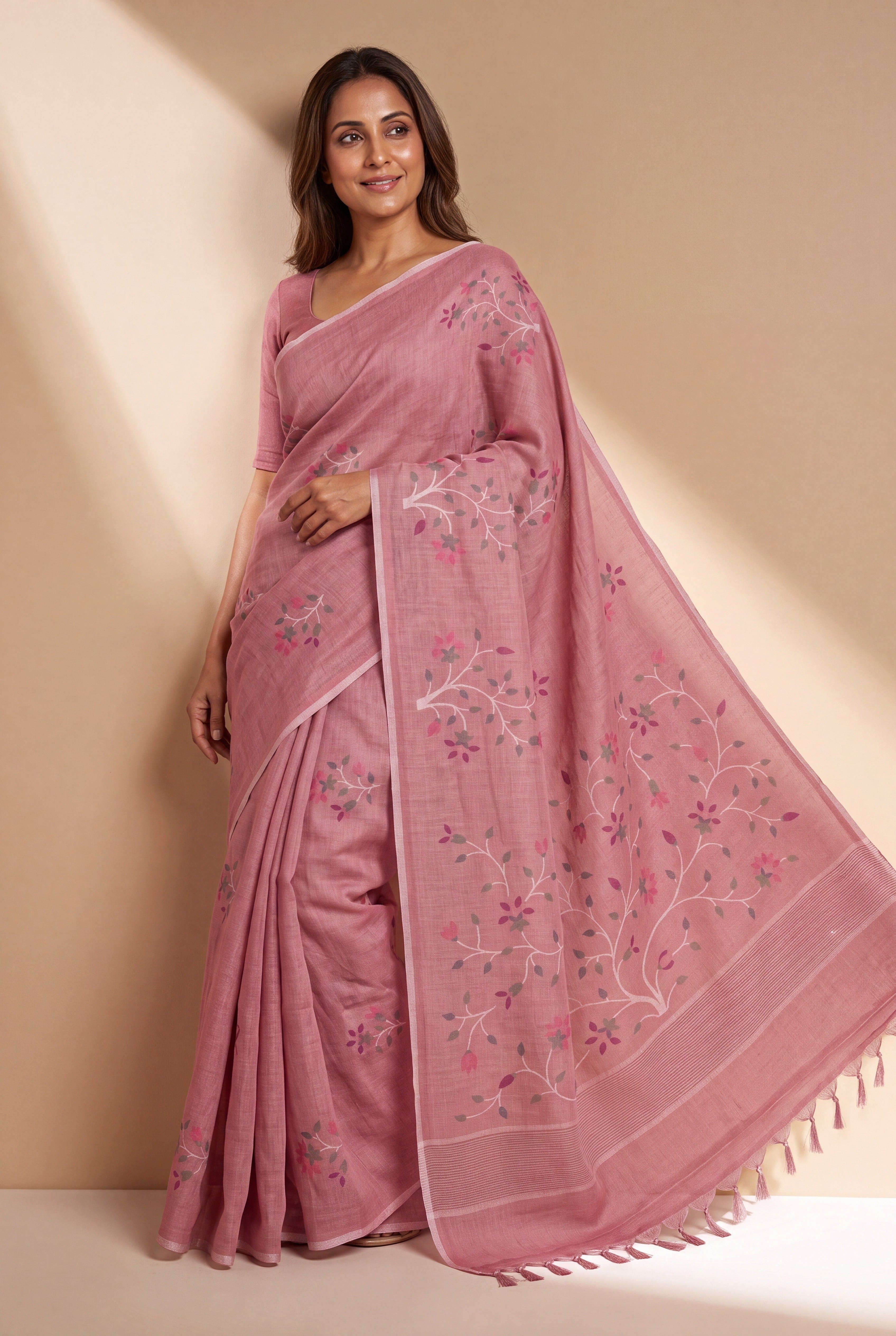 Pastel Pink Cotton Saree with Kusumāvalī Print