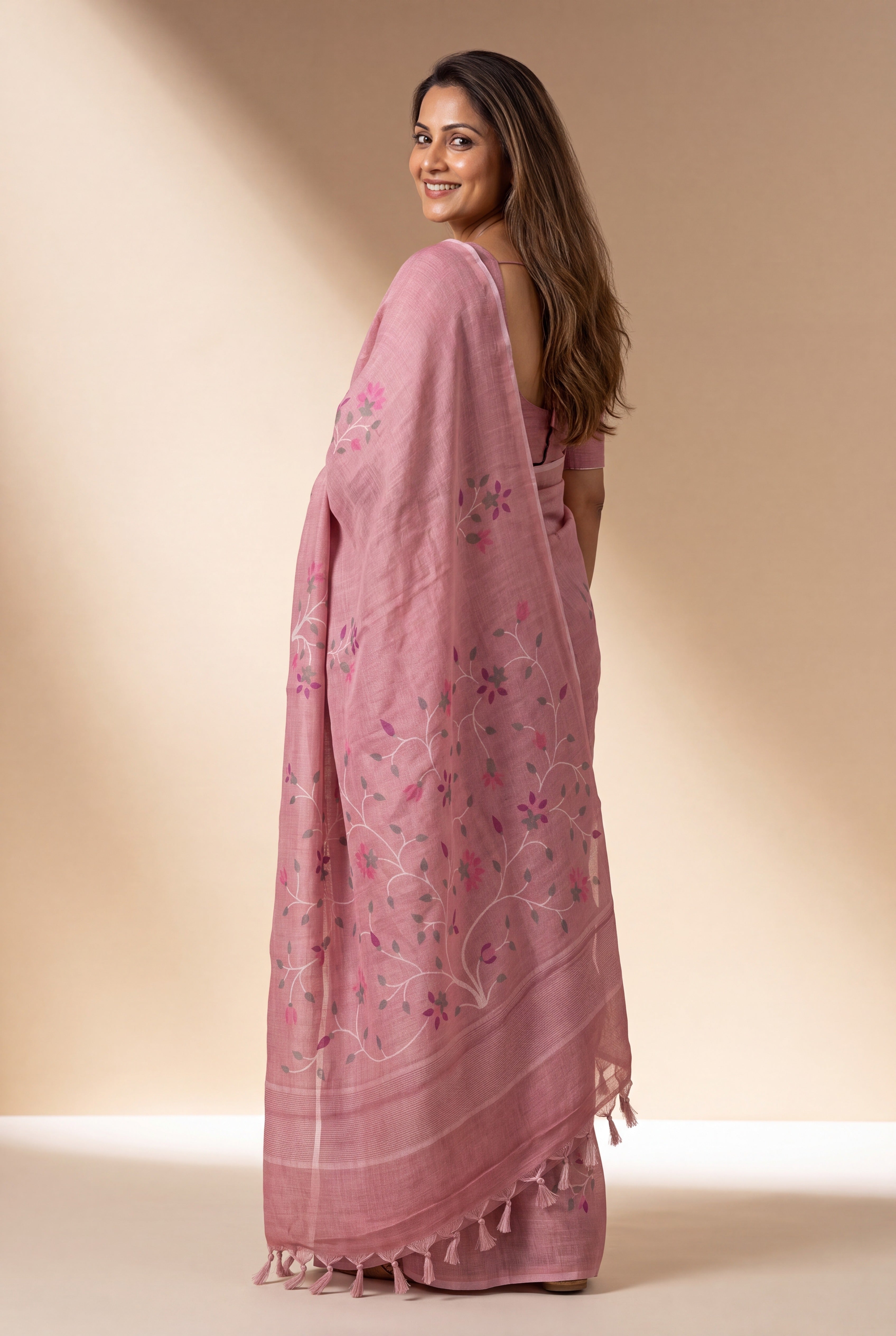 Pastel Pink Cotton Saree with Kusumāvalī Print