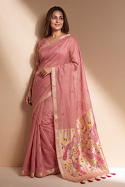 Pastel Pink Jamdhani Cotton Paithani Saree with Aṣṭamayūra Pallu and Floral b...