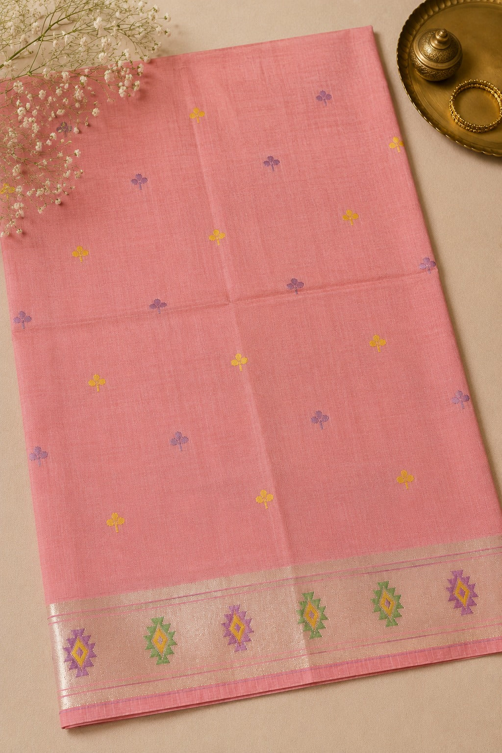 Pastel Pink Jamdhani Cotton Paithani Saree with Aṣṭamayūra Pallu and Floral b...