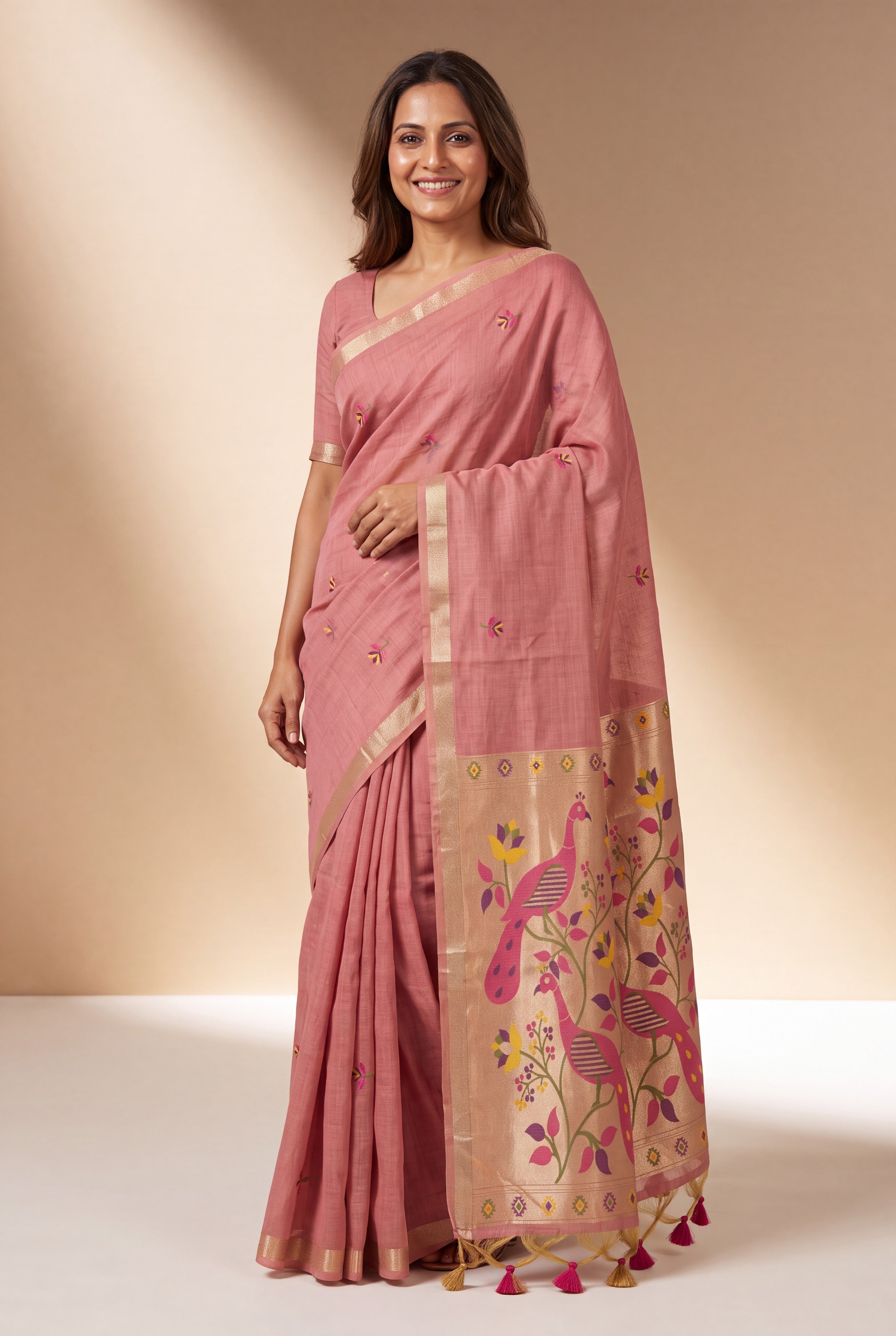 Pastel Pink Jamdhani Cotton Paithani Saree with Aṣṭamayūra Pallu and Floral b...