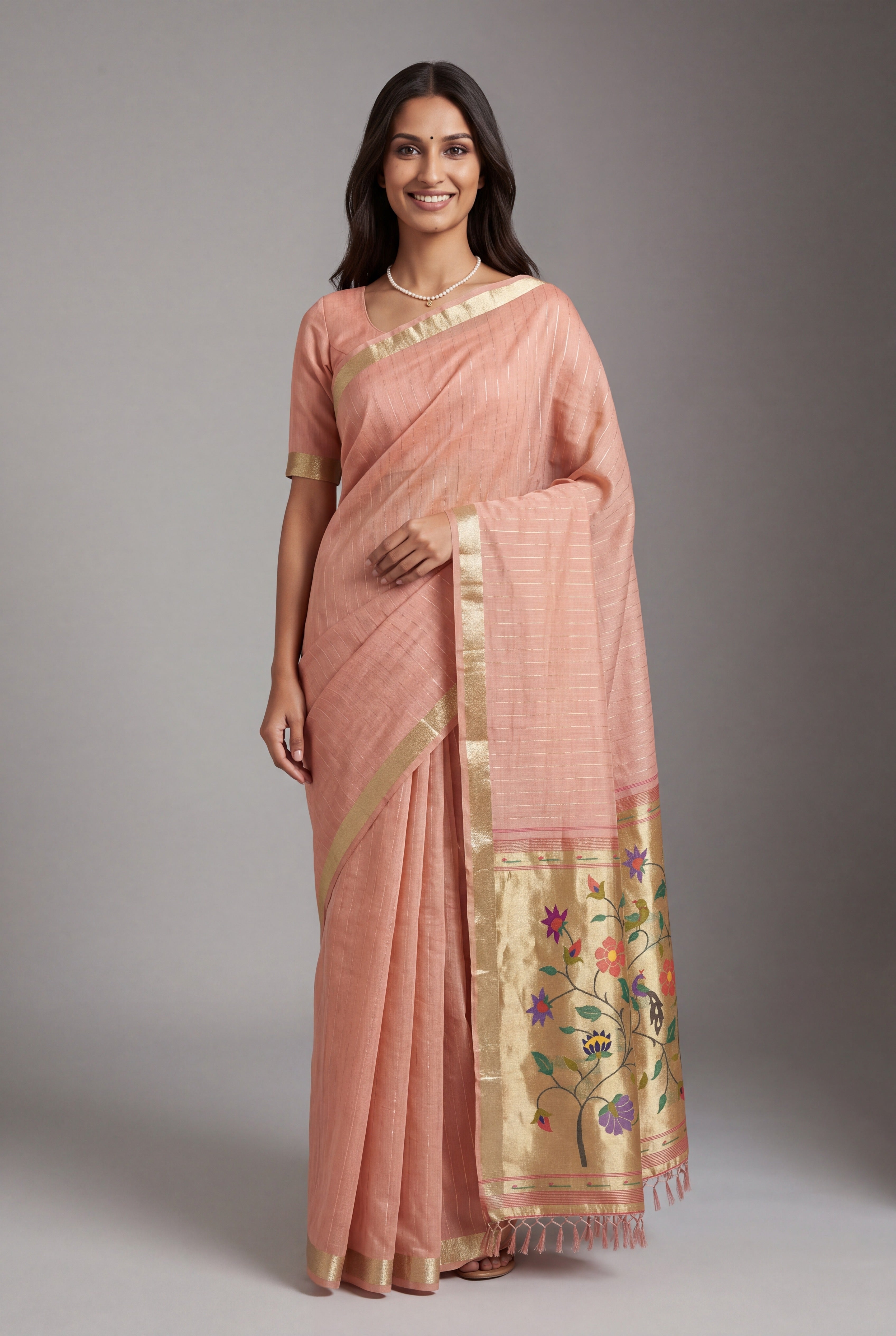 Pastel Pink Jamdhani Cotton Paithani Saree with Zari Stripes and Puṣpavallī Pallu