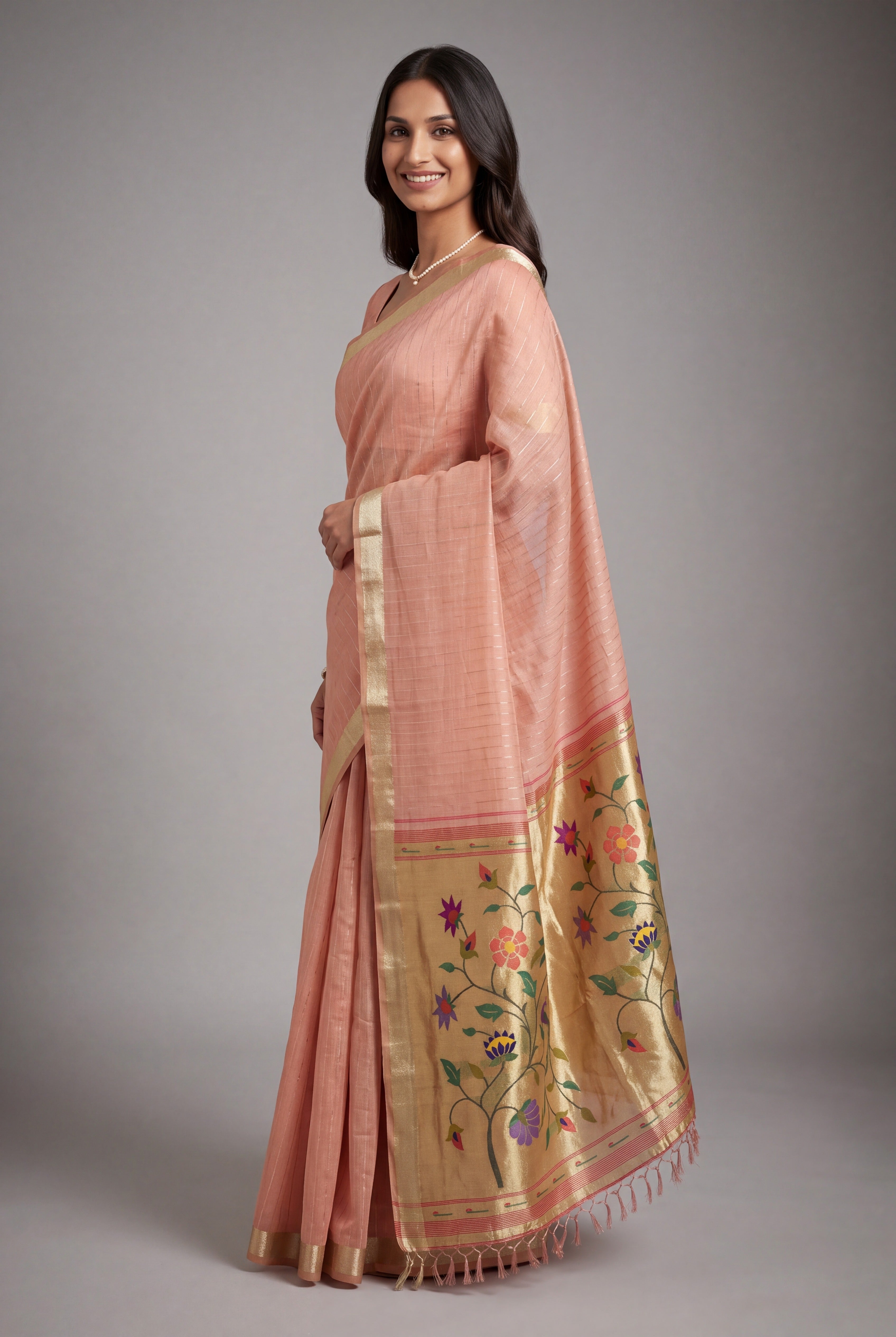 Pastel Pink Jamdhani Cotton Paithani Saree with Zari Stripes and Puṣpavallī Pallu