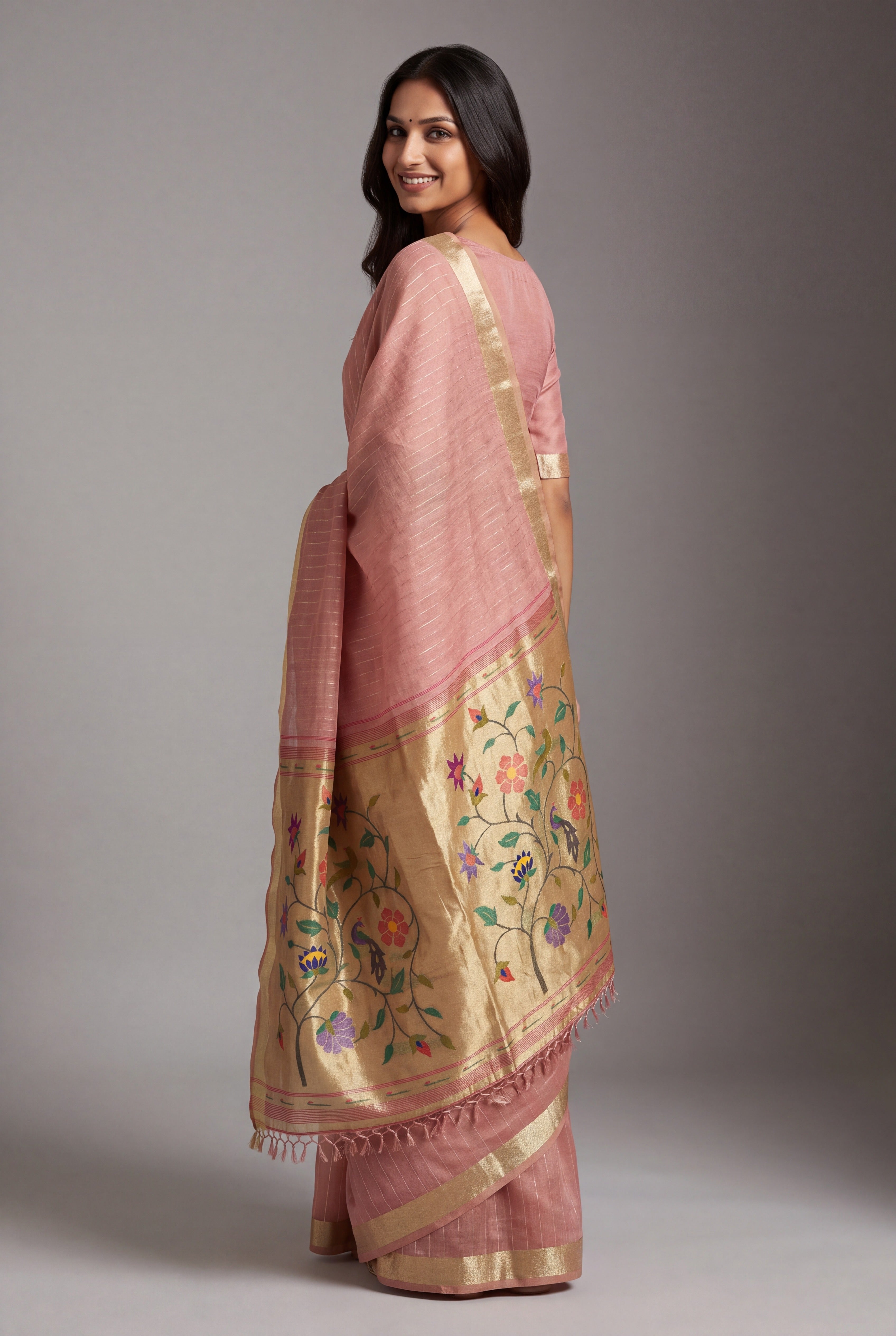 Pastel Pink Jamdhani Cotton Paithani Saree with Zari Stripes and Puṣpavallī Pallu