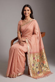 Pastel Pink Jamdhani Cotton Paithani Saree with Zari Stripes and Puṣpavallī Pallu