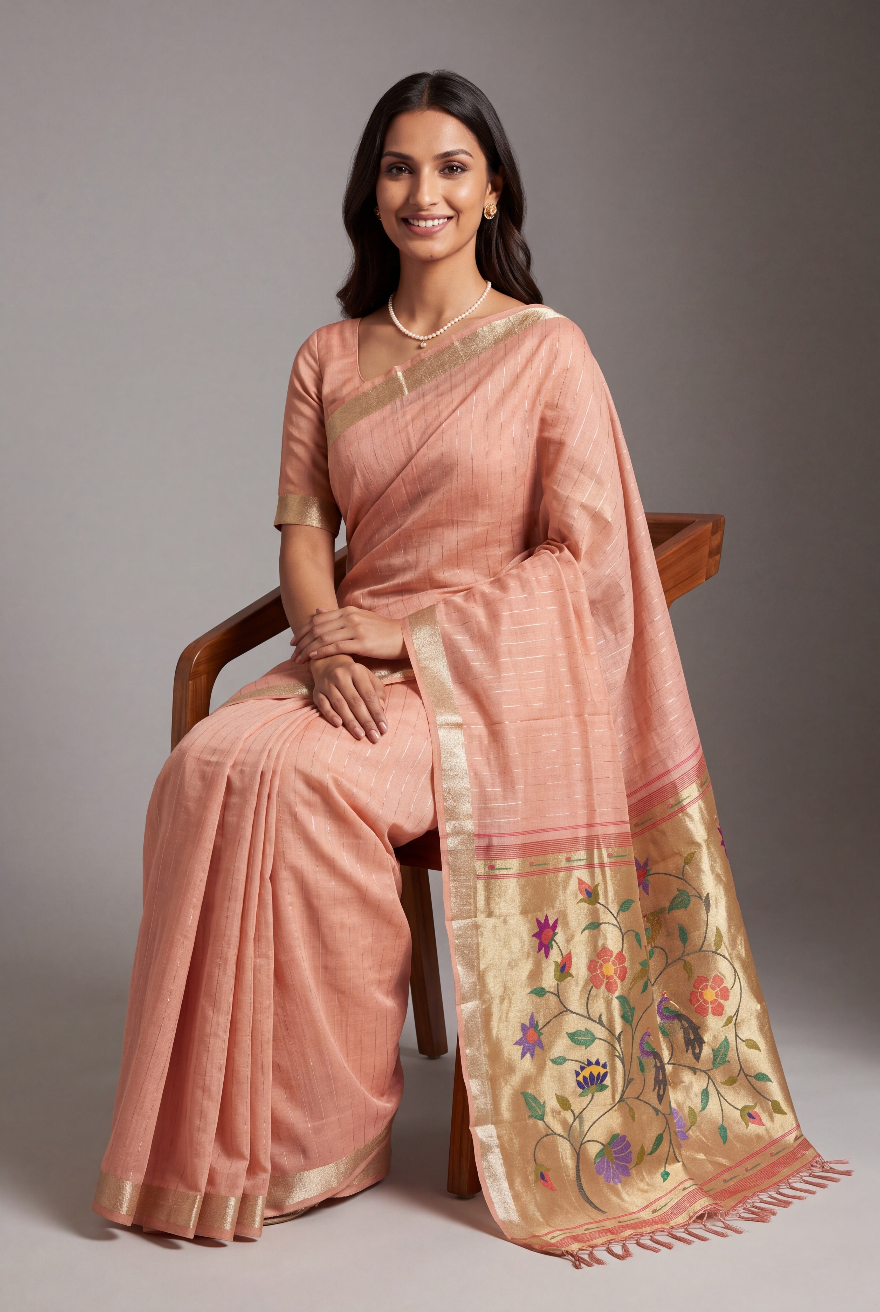 Pastel Pink Jamdhani Cotton Paithani Saree with Zari Stripes and Puṣpavallī Pallu