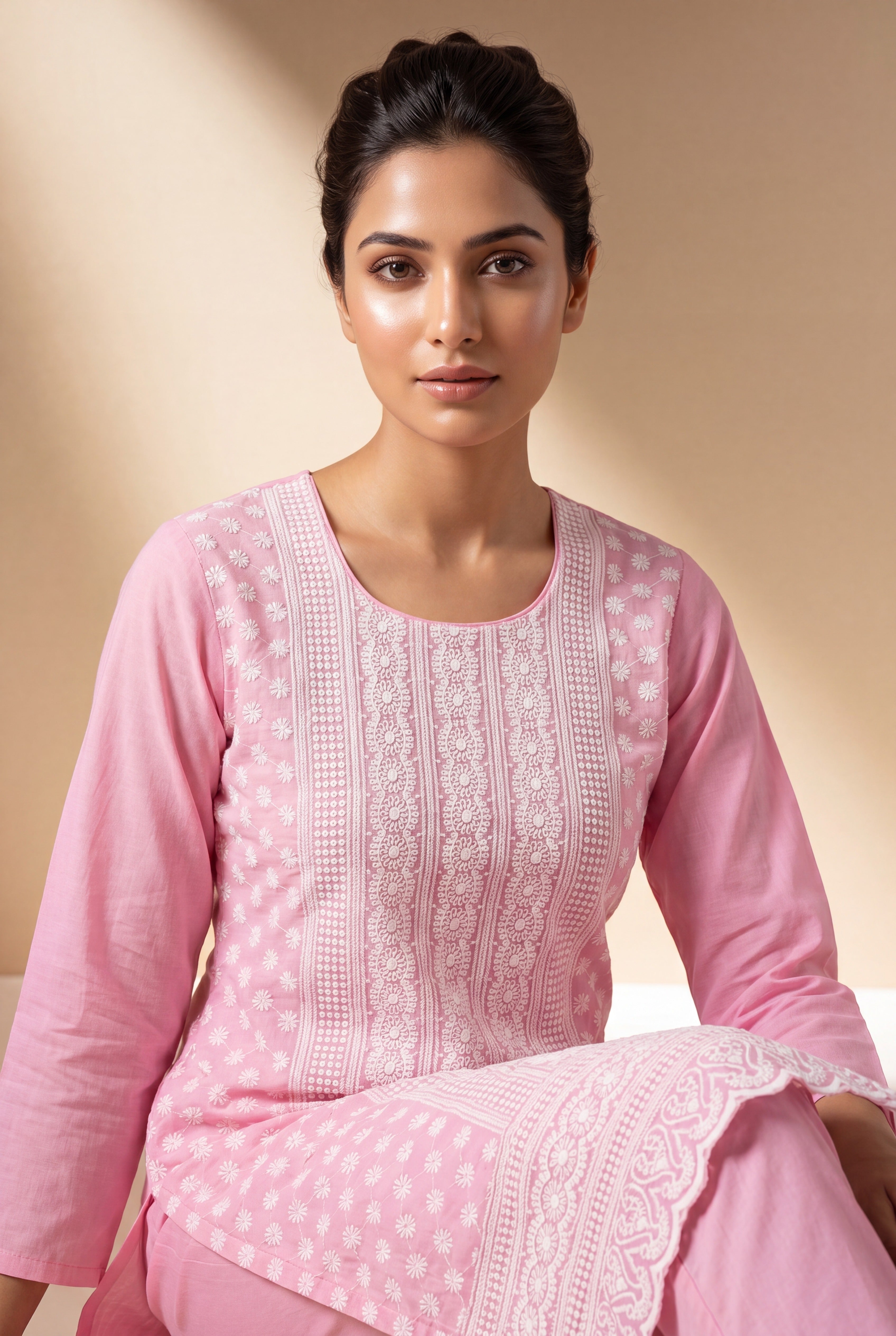 Pastel Pink Kumudini Cotton Kurti with Chikankari Embroidary