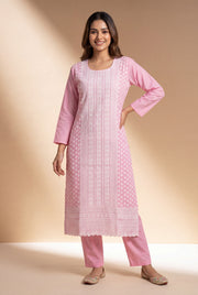 Pastel Pink Kumudini Cotton Kurti with Chikankari Embroidary