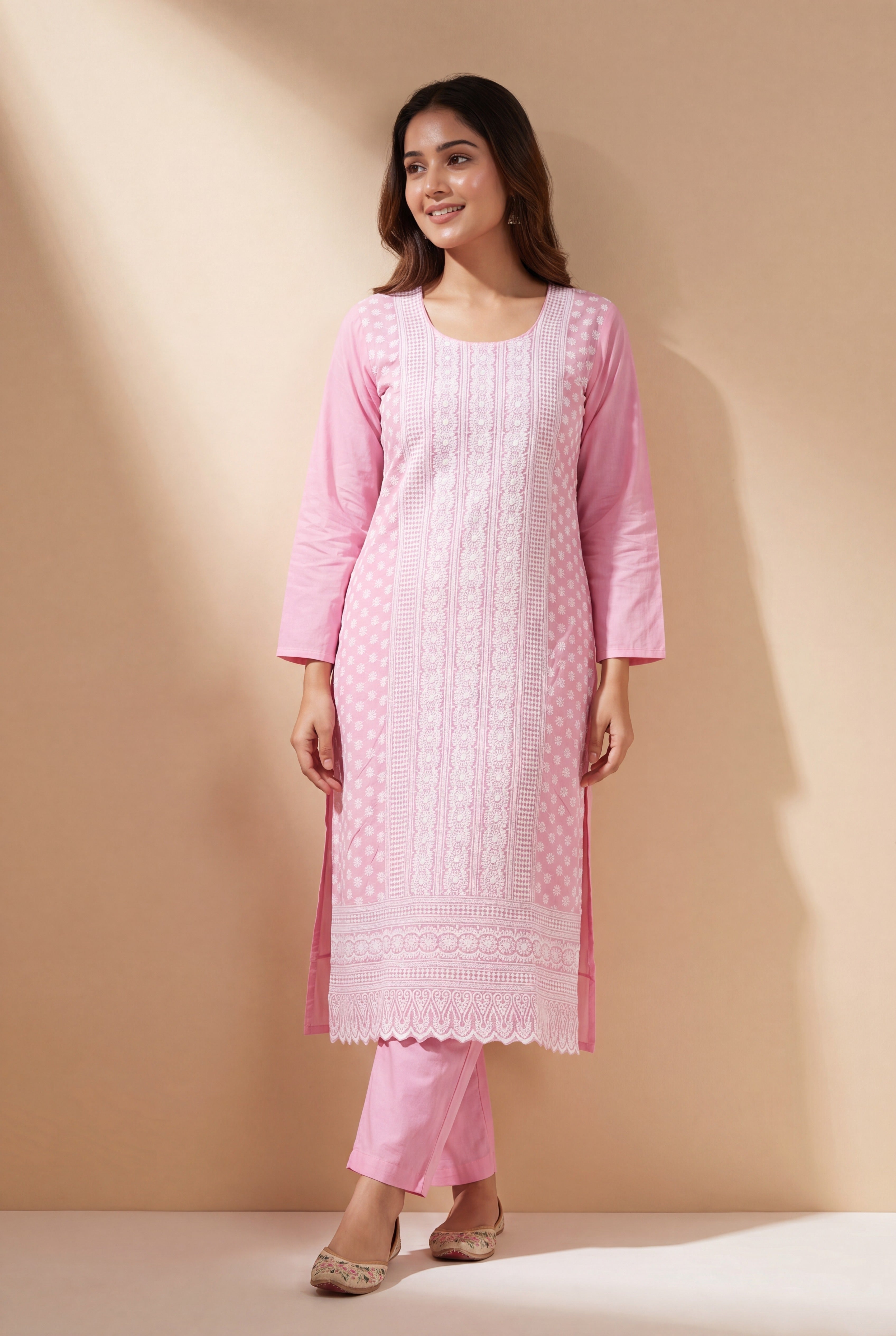 Pastel Pink Kumudini Cotton Kurti with Chikankari Embroidary