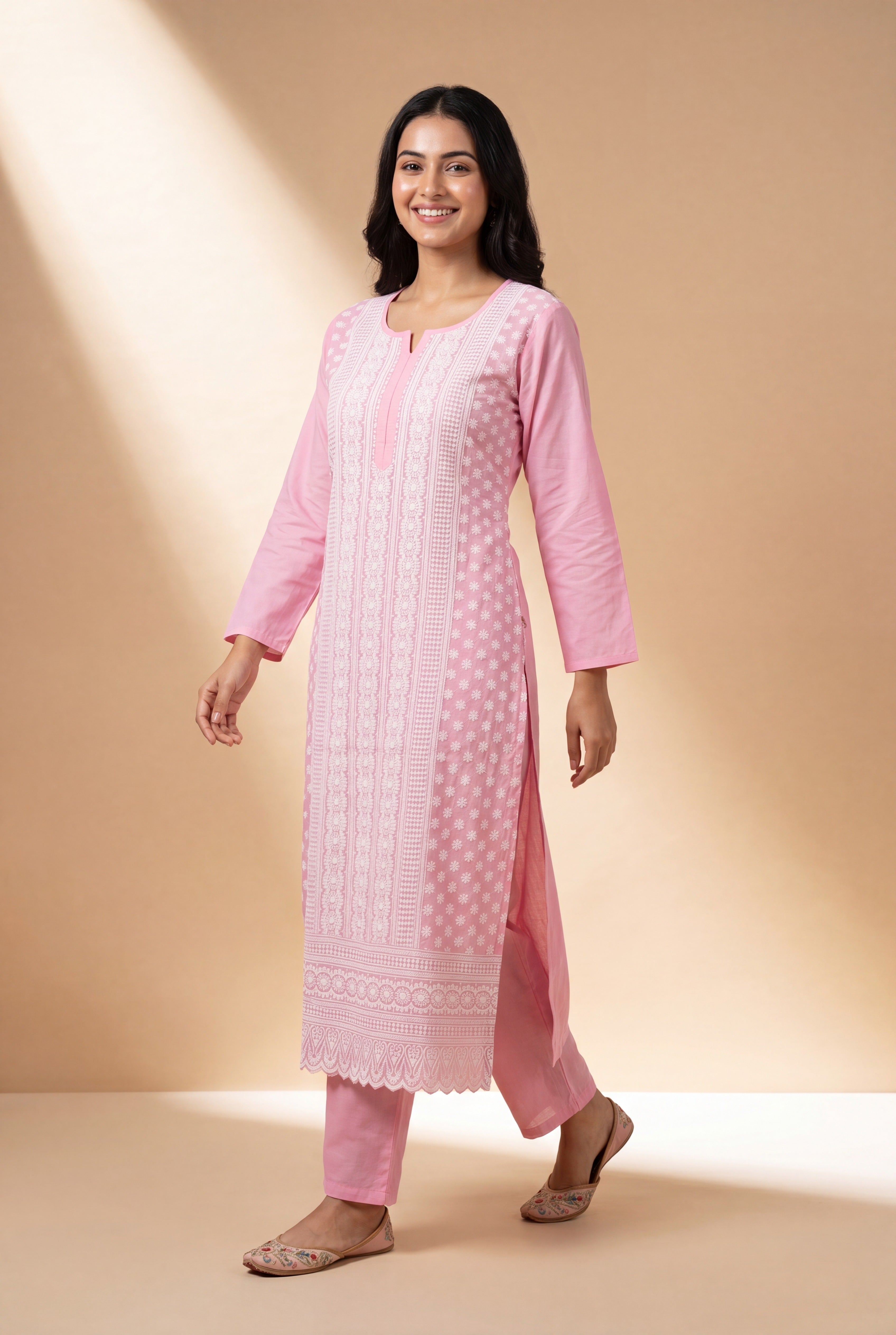 Pastel Pink Kumudini Cotton Kurti with Chikankari Embroidary