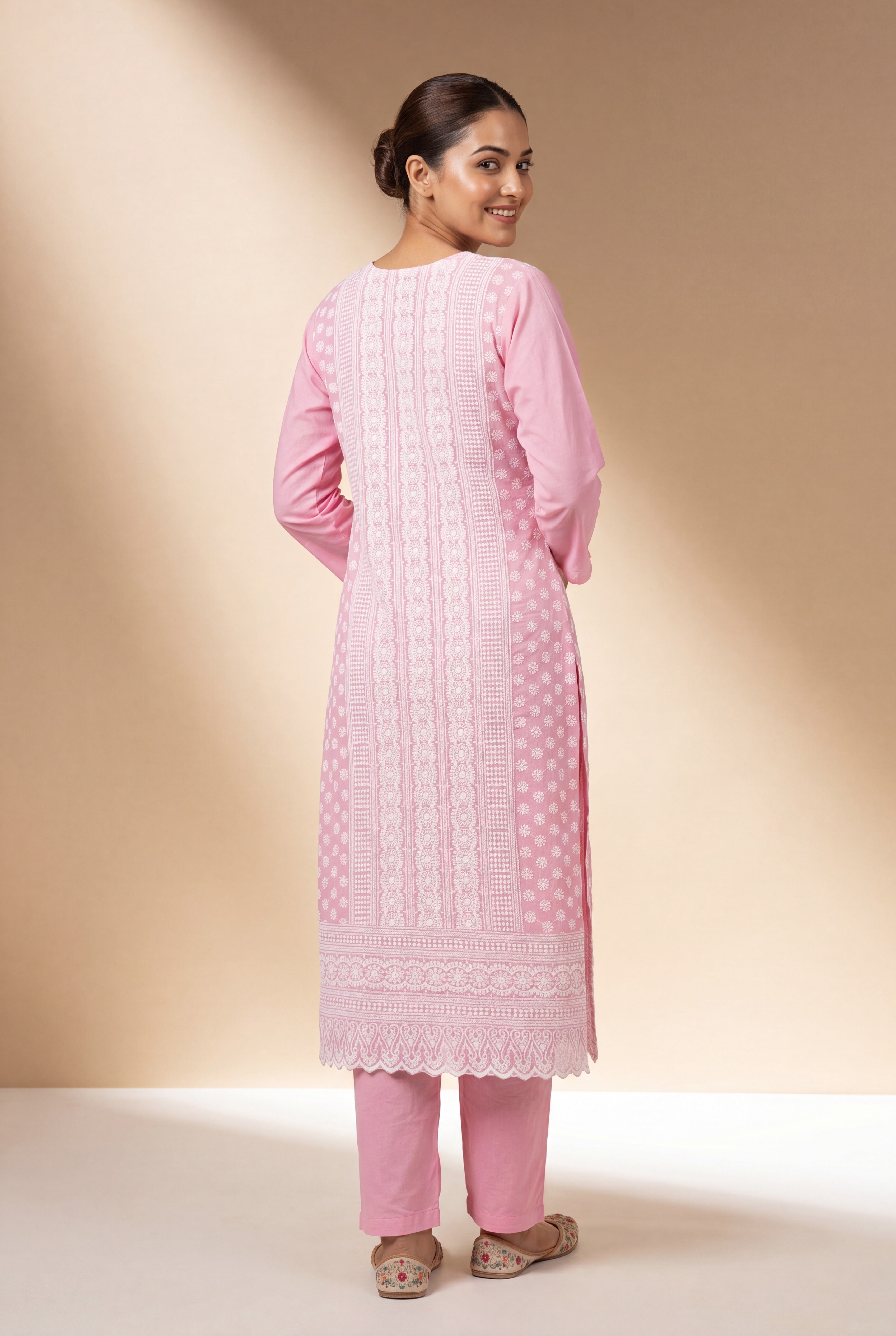 Pastel Pink Kumudini Cotton Kurti with Chikankari Embroidary