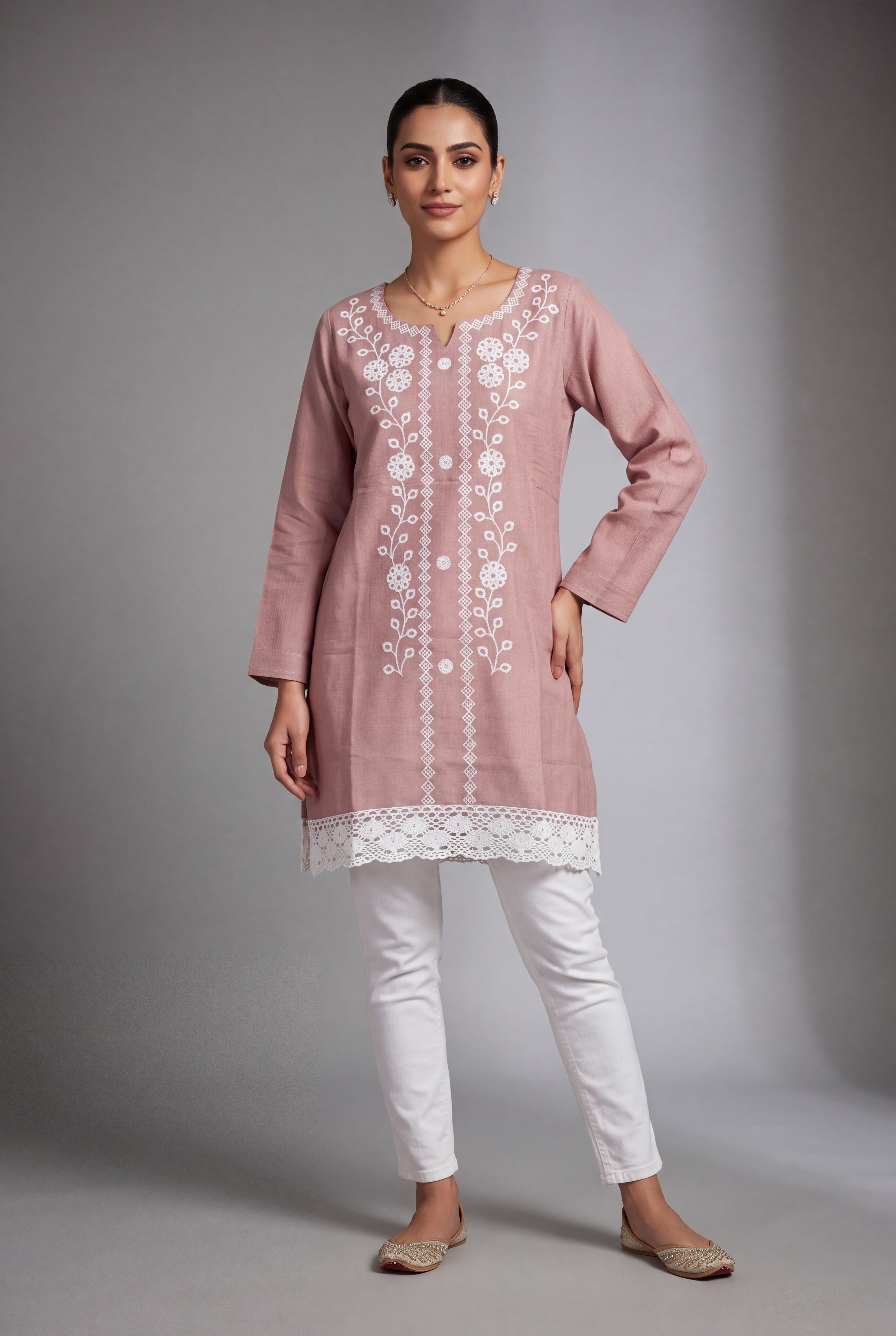 Pastel Pink Lucknowi Chikankari Kurti with crochet lace hem