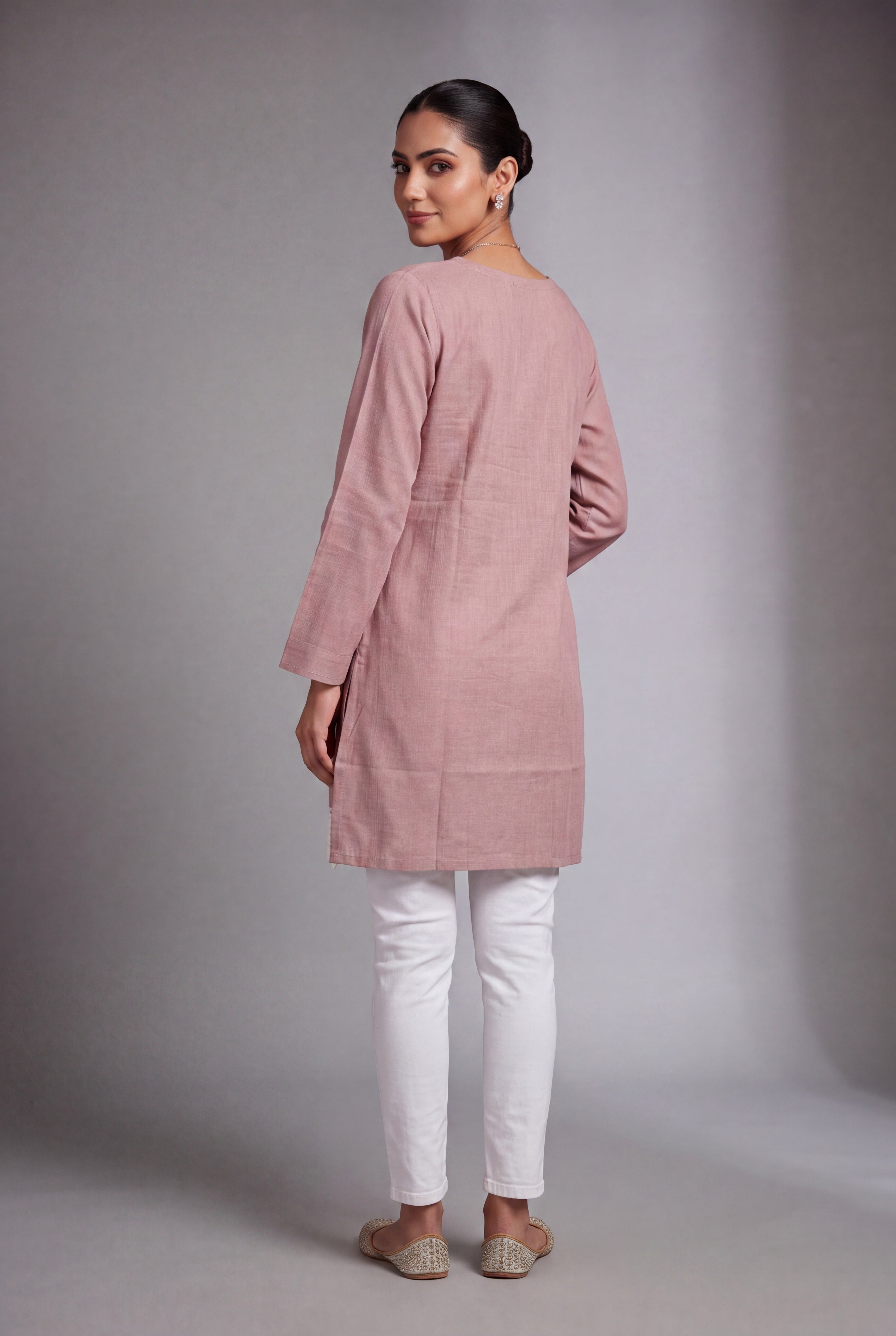 Pastel Pink Lucknowi Chikankari Kurti with crochet lace hem