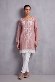 Pastel Pink Lucknowi Chikankari Kurti with crochet lace hem