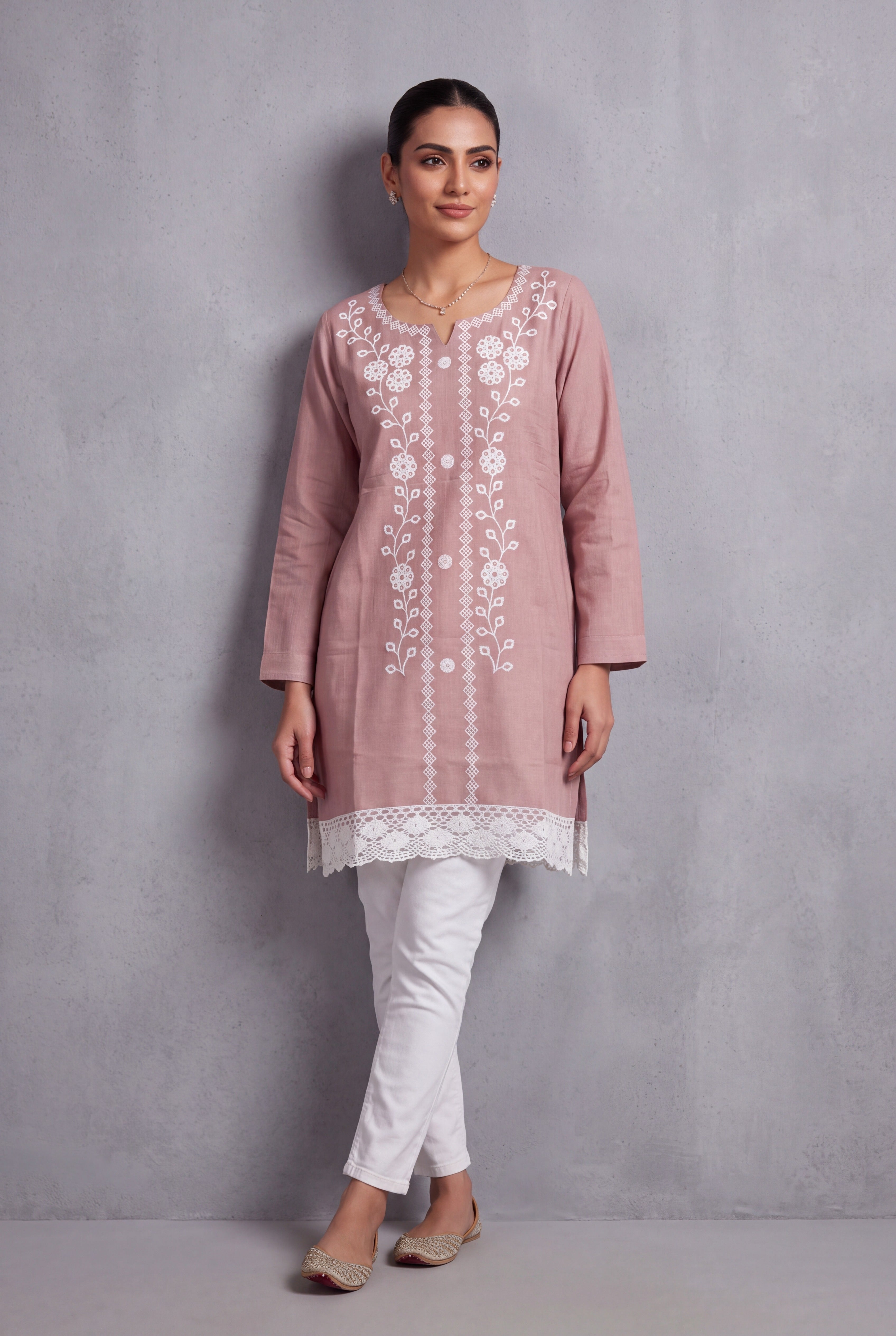 Pastel Pink Lucknowi Chikankari Kurti with crochet lace hem