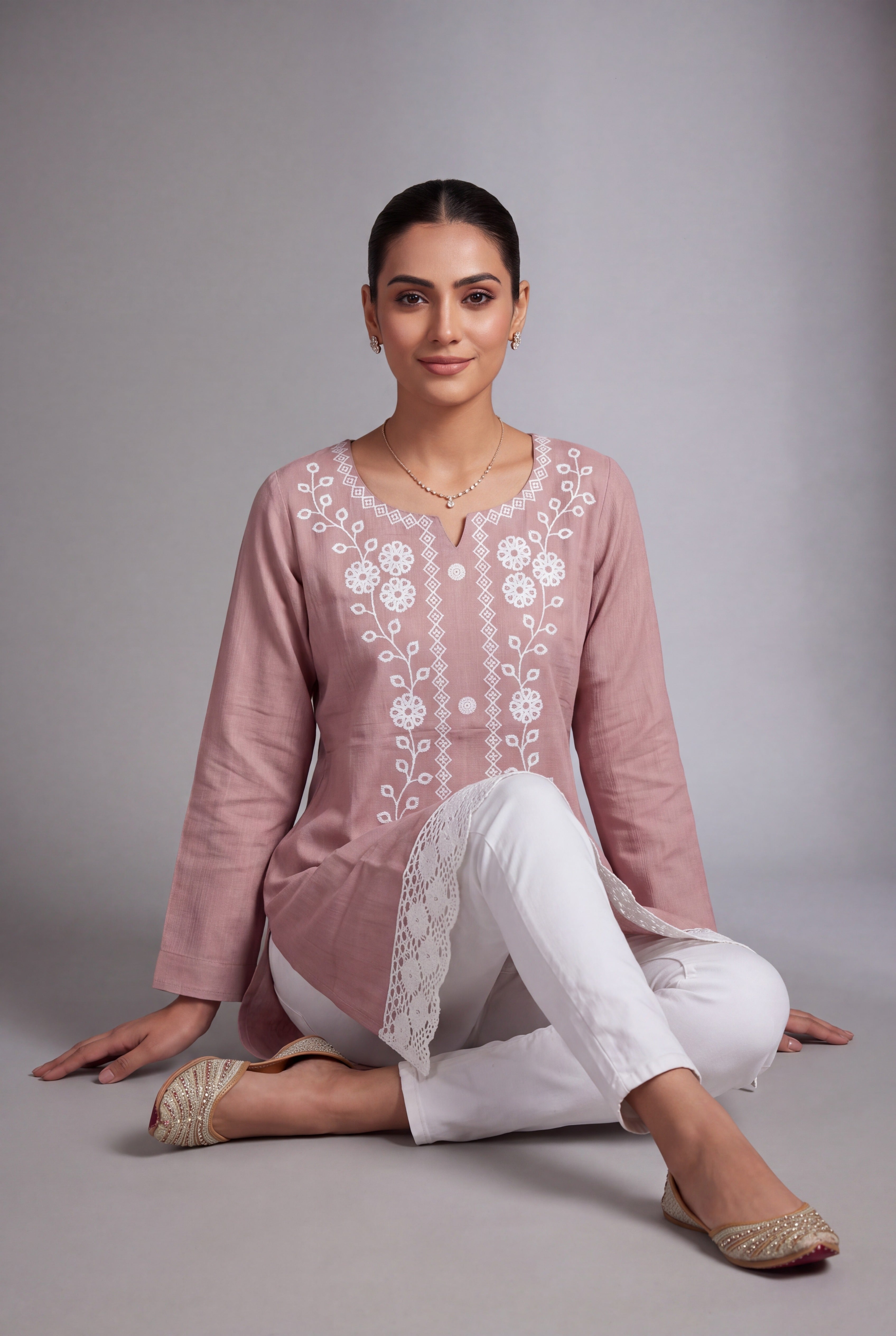 Pastel Pink Lucknowi Chikankari Kurti with crochet lace hem
