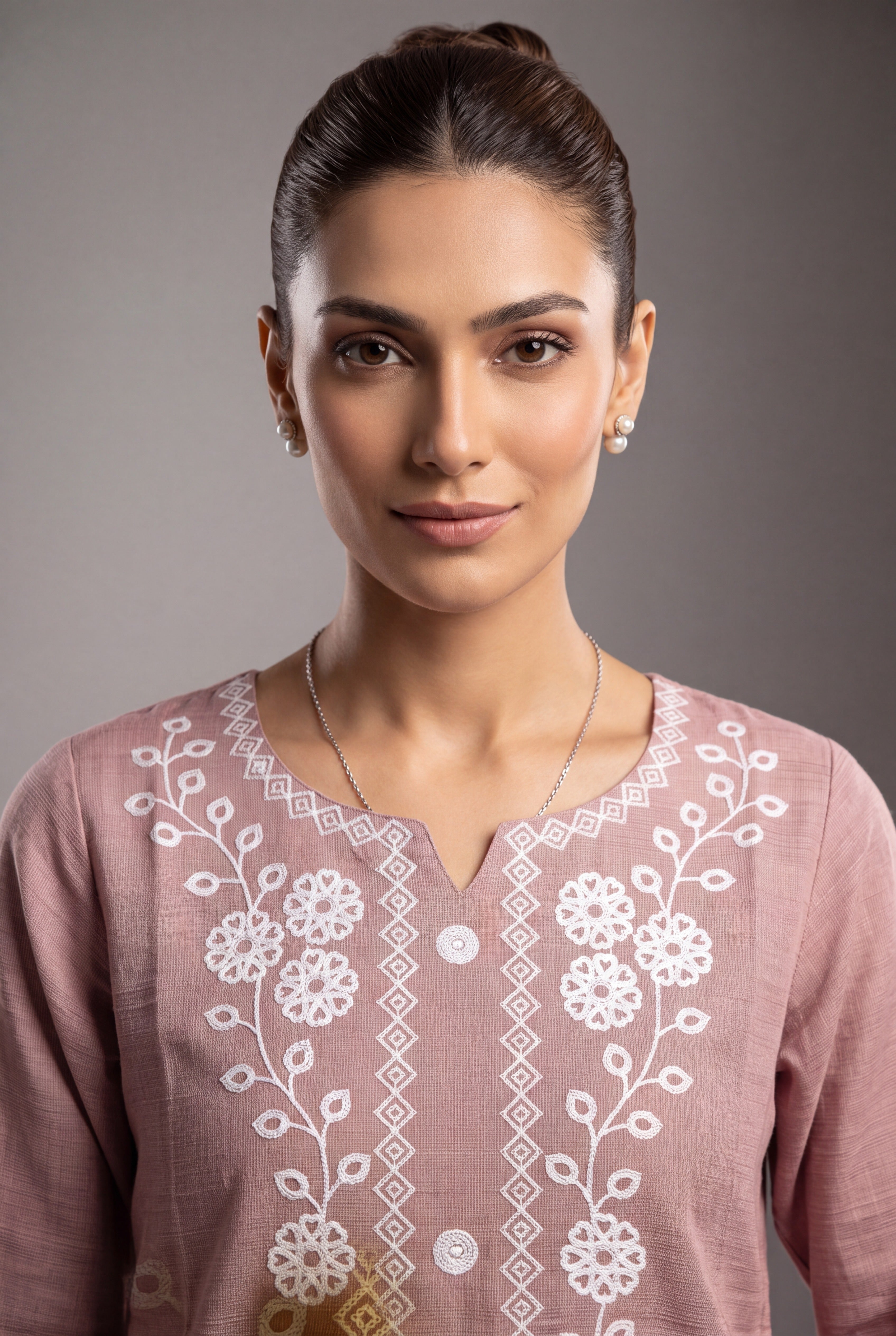 Pastel Pink Lucknowi Chikankari Kurti with crochet lace hem