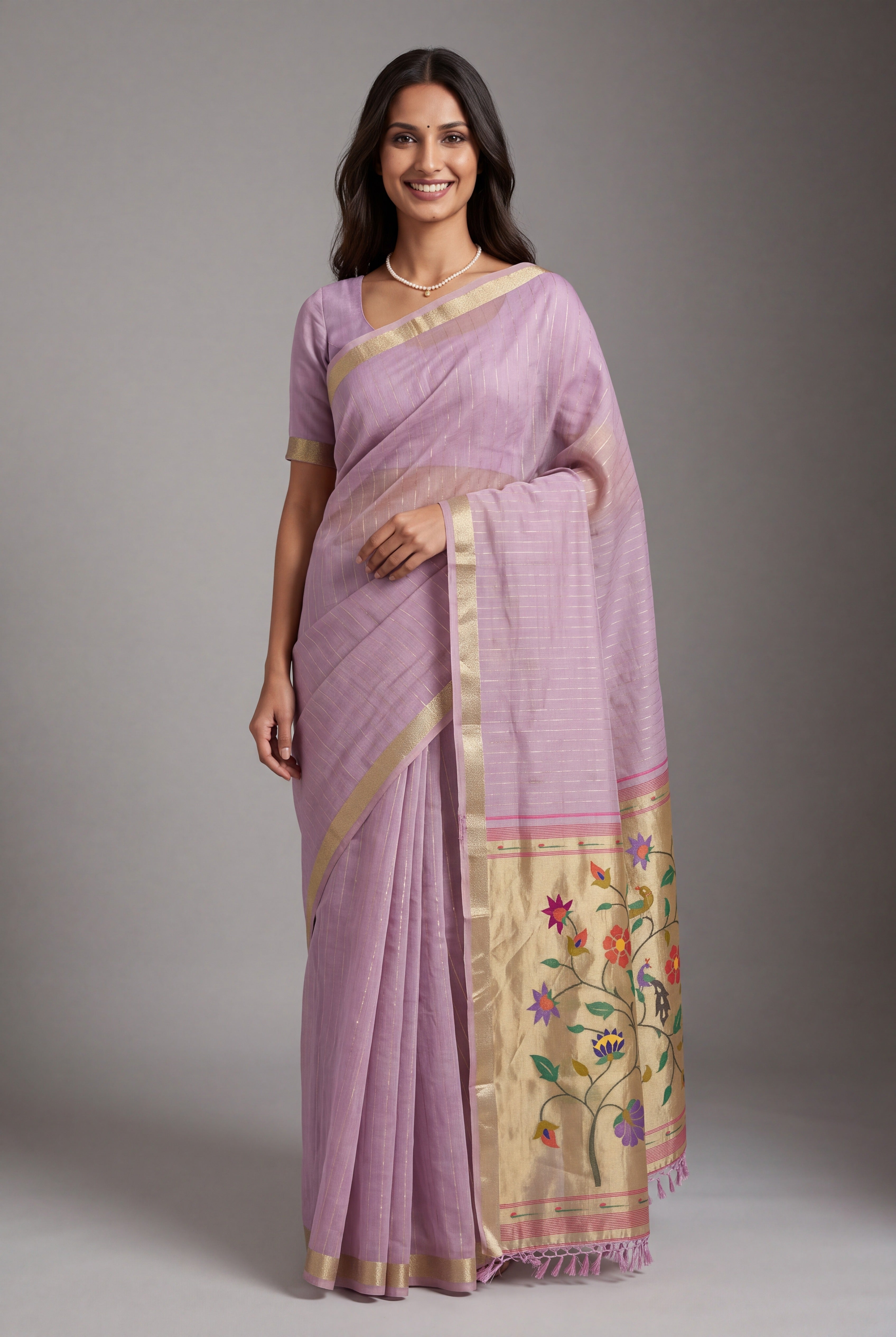 Pastel Purple Jamdhani Cotton Paithani Saree with Zari Stripes and Puṣpavallī Pallu