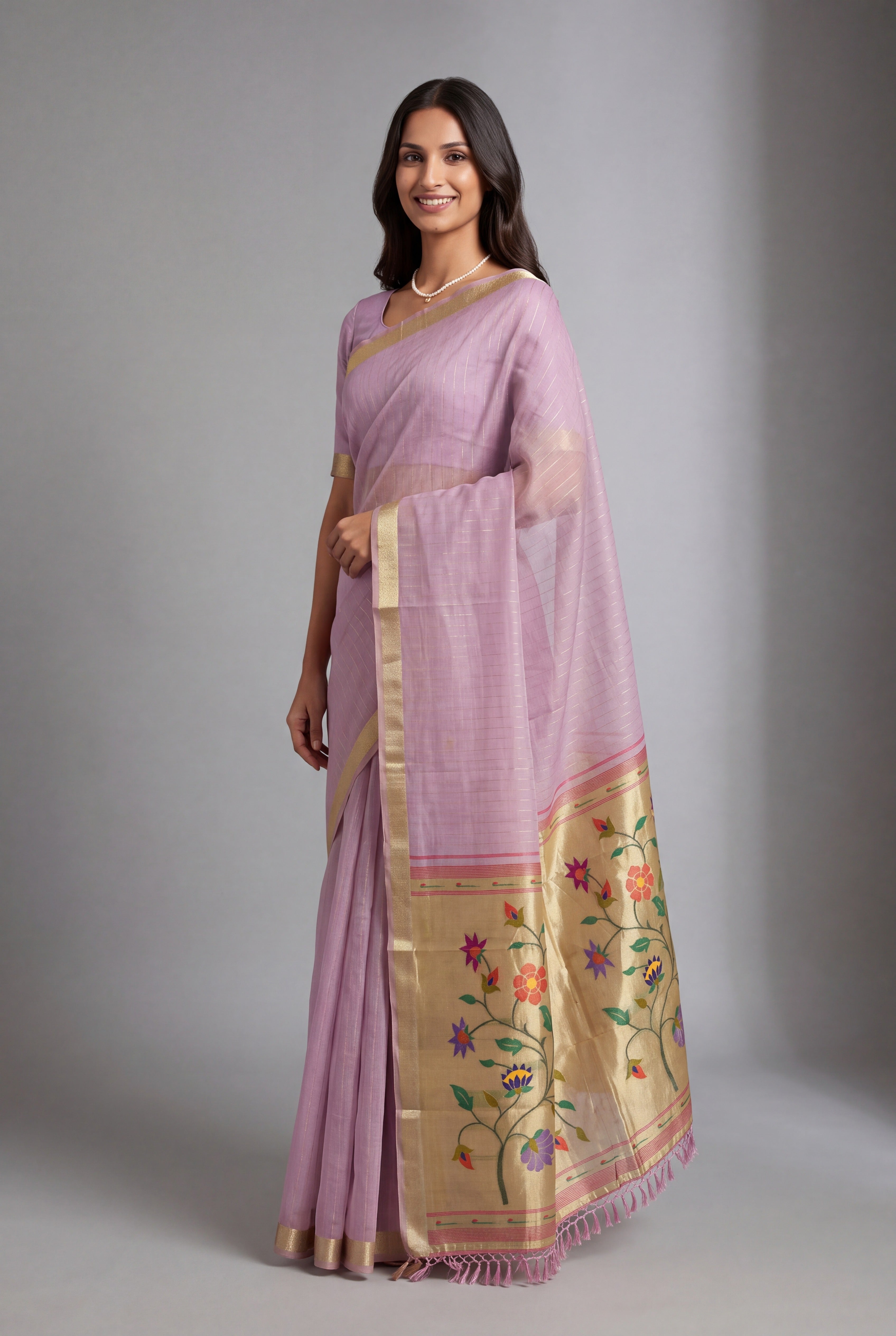 Pastel Purple Jamdhani Cotton Paithani Saree with Zari Stripes and Puṣpavallī Pallu
