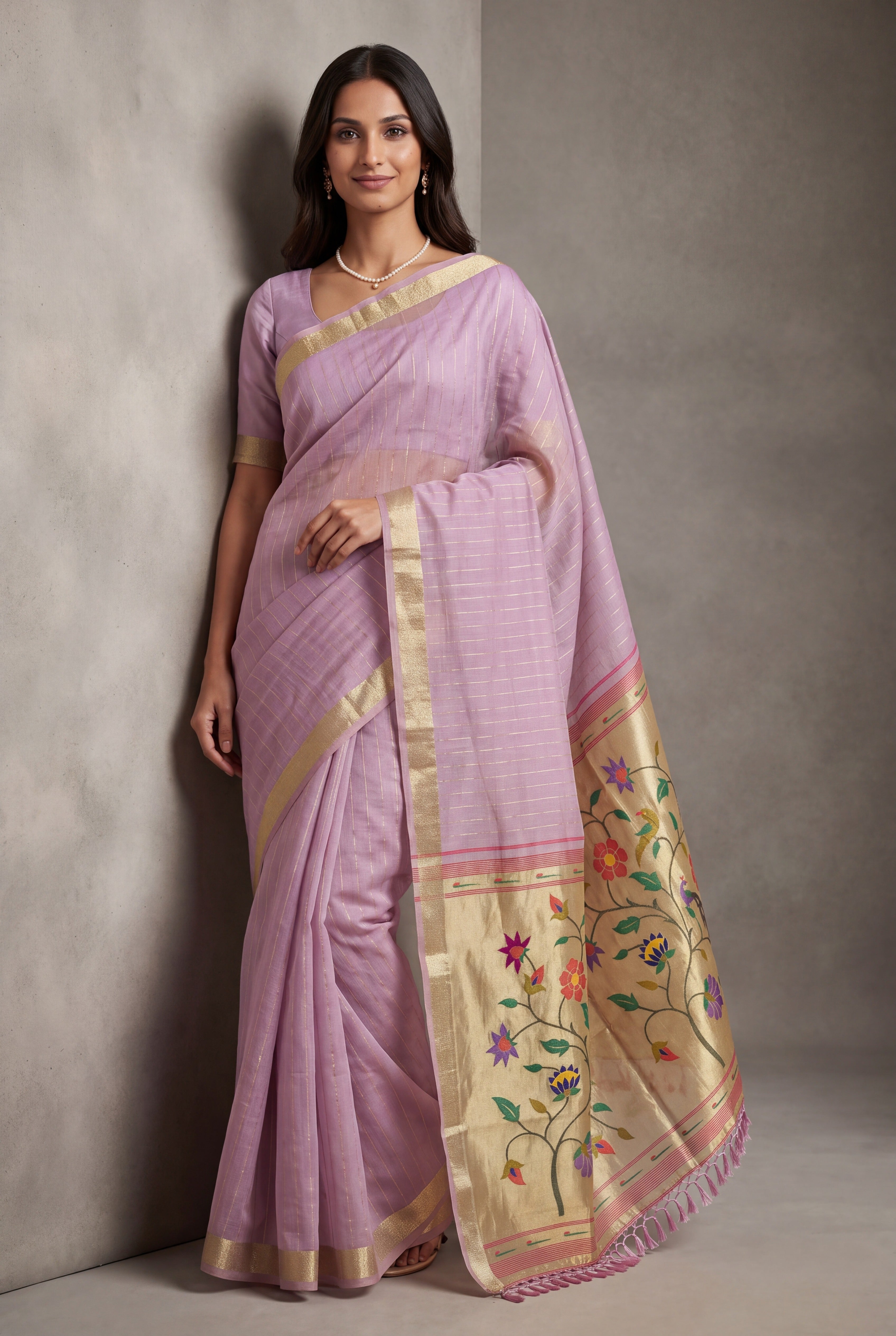 Pastel Purple Jamdhani Cotton Paithani Saree with Zari Stripes and Puṣpavallī Pallu