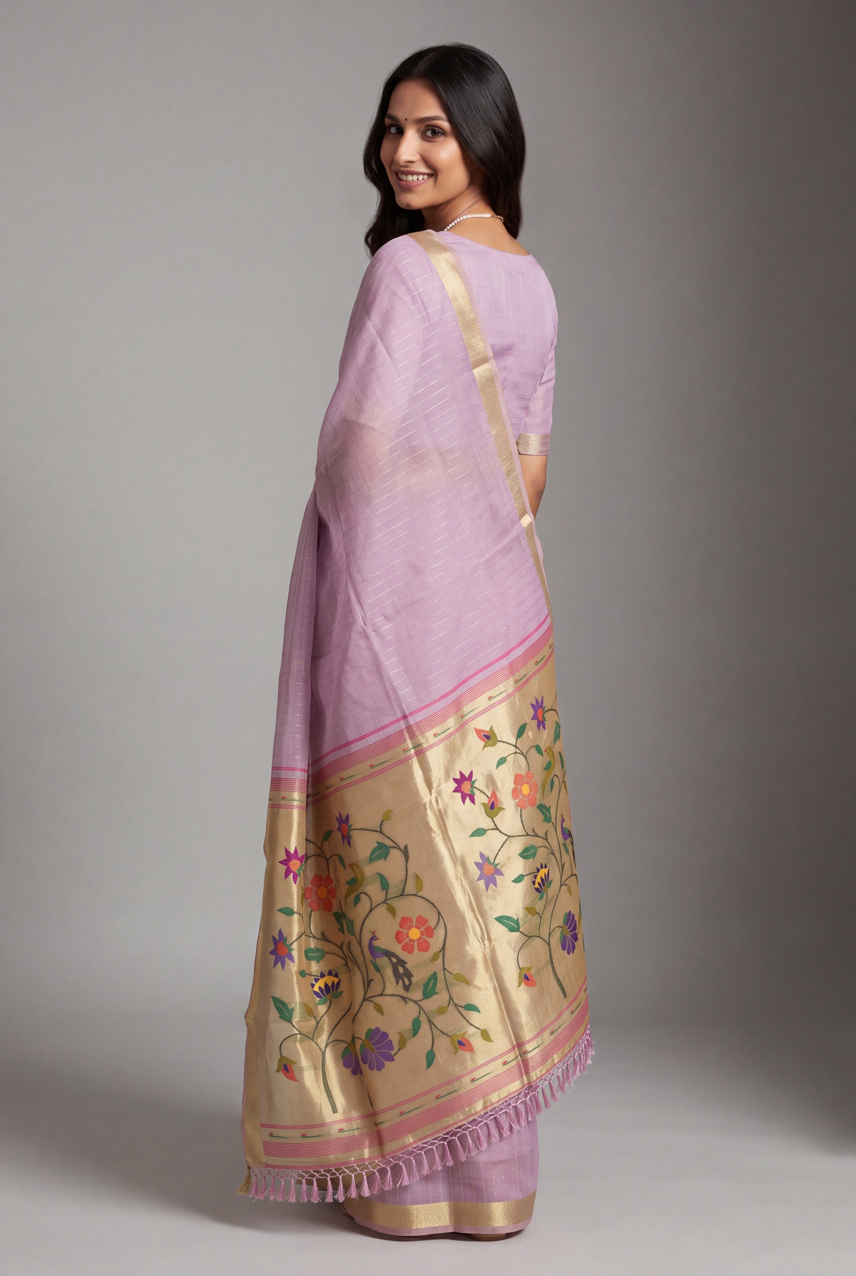 Pastel Purple Jamdhani Cotton Paithani Saree with Zari Stripes and Puṣpavallī Pallu
