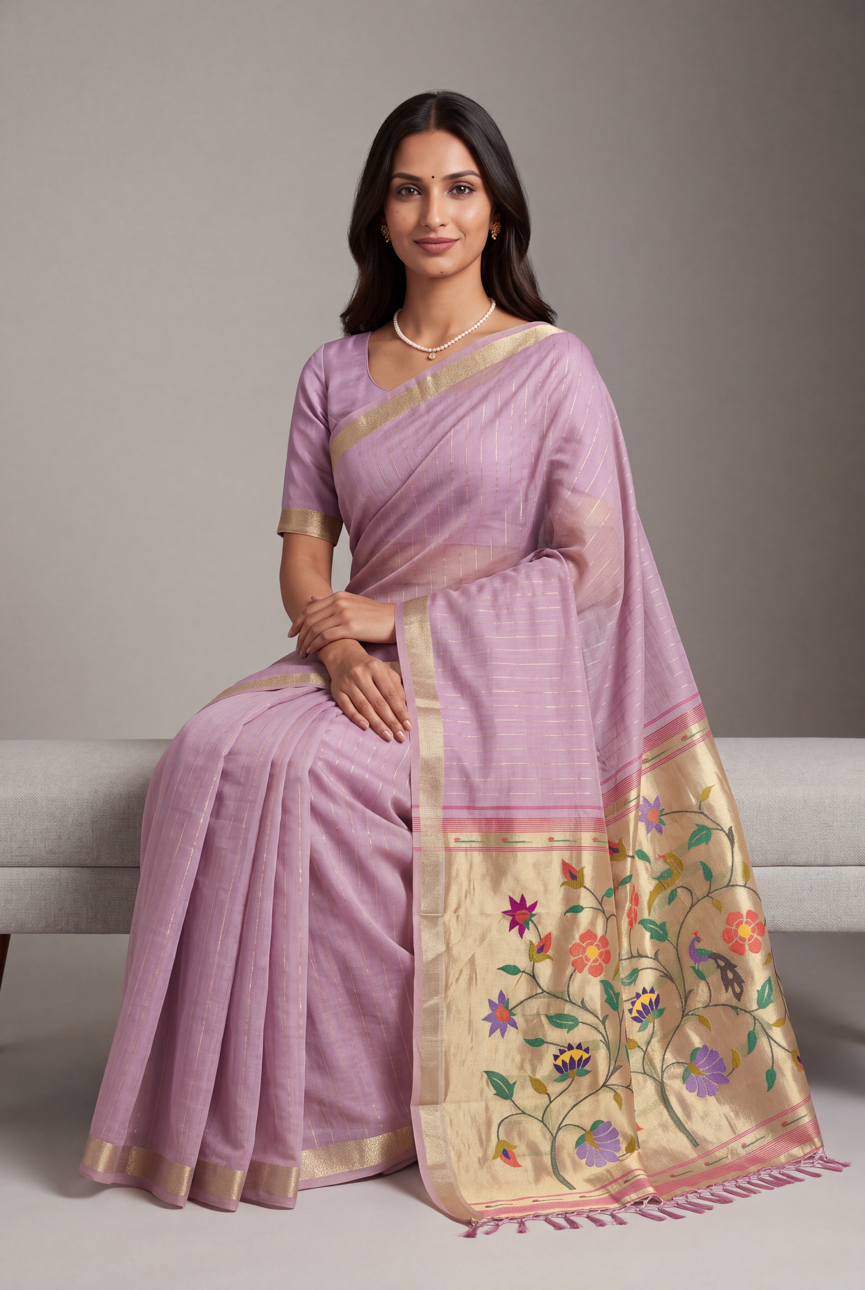 Pastel Purple Jamdhani Cotton Paithani Saree with Zari Stripes and Puṣpavallī Pallu