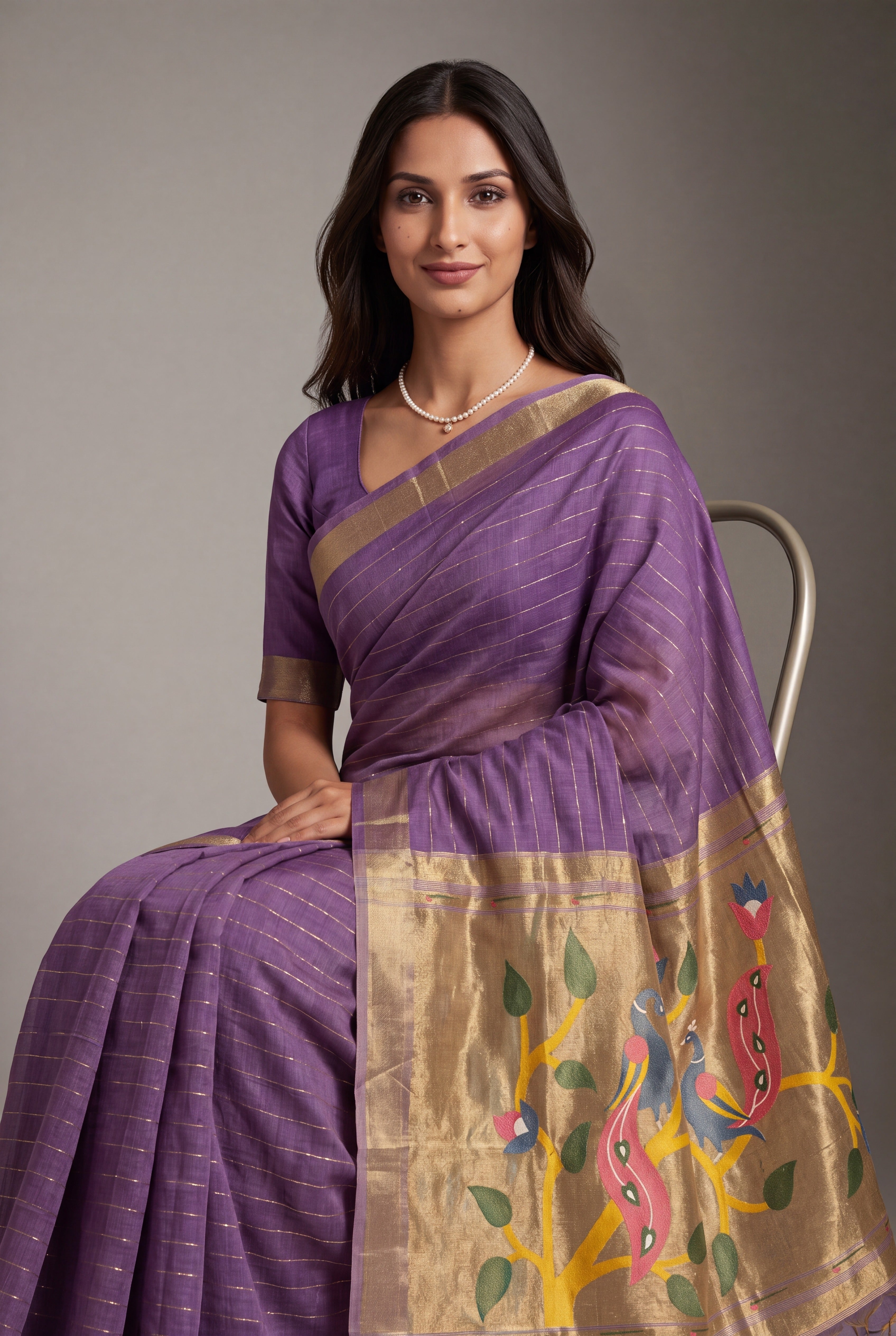 Pastel Purple Jamdhani Cotton Paithani Saree with Zari stripes