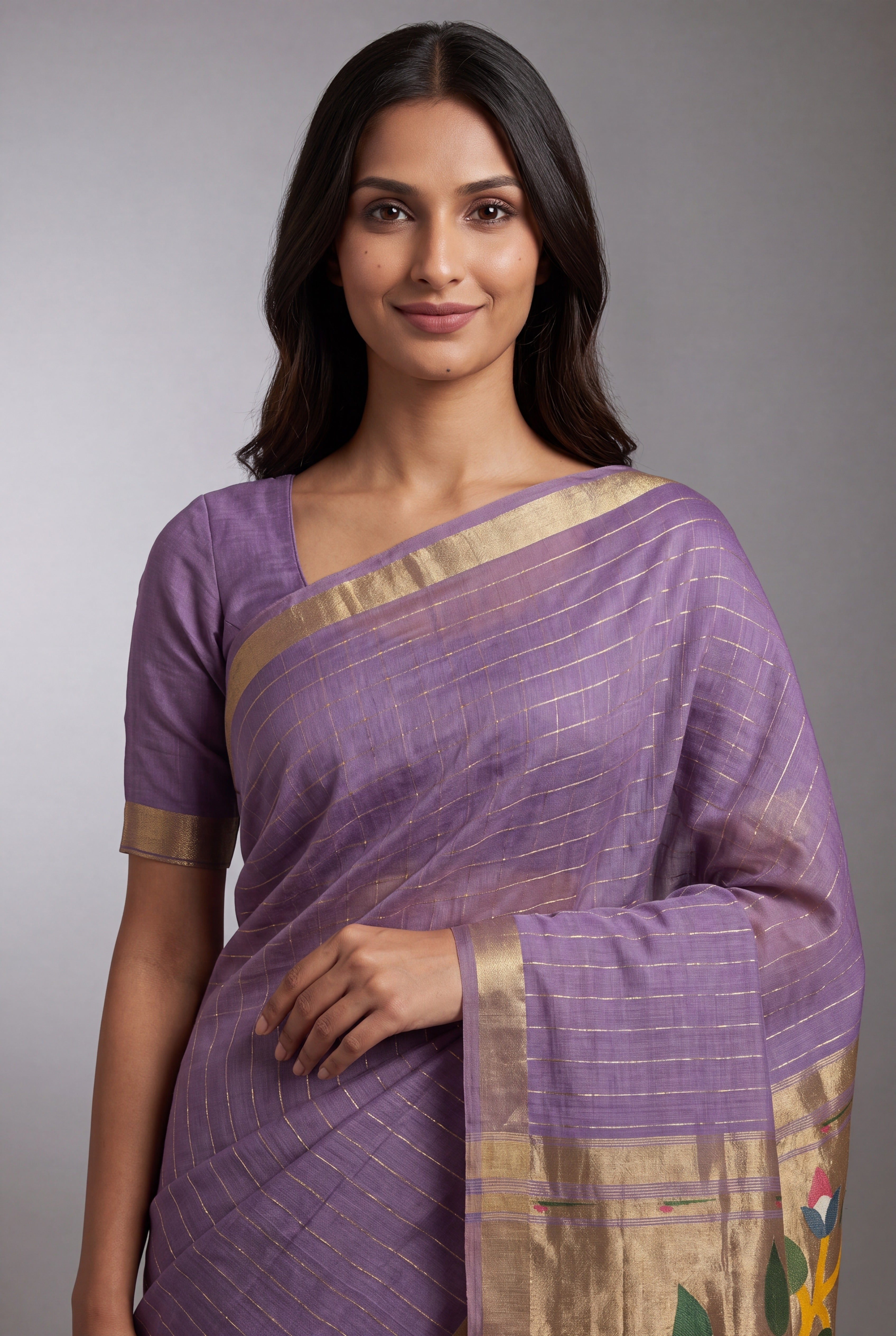 Pastel Purple Jamdhani Cotton Paithani Saree with Zari stripes
