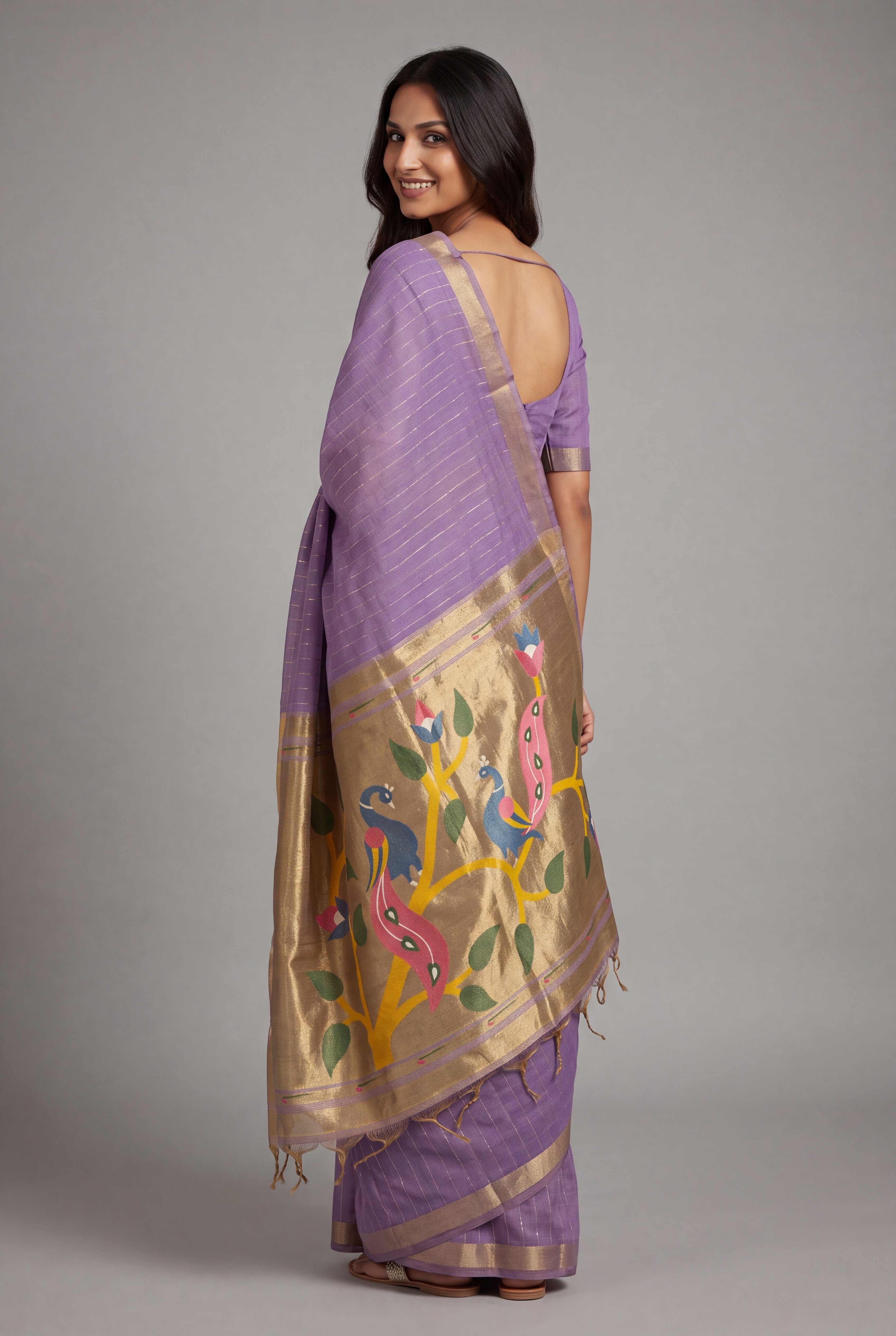Pastel Purple Jamdhani Cotton Paithani Saree with Zari stripes