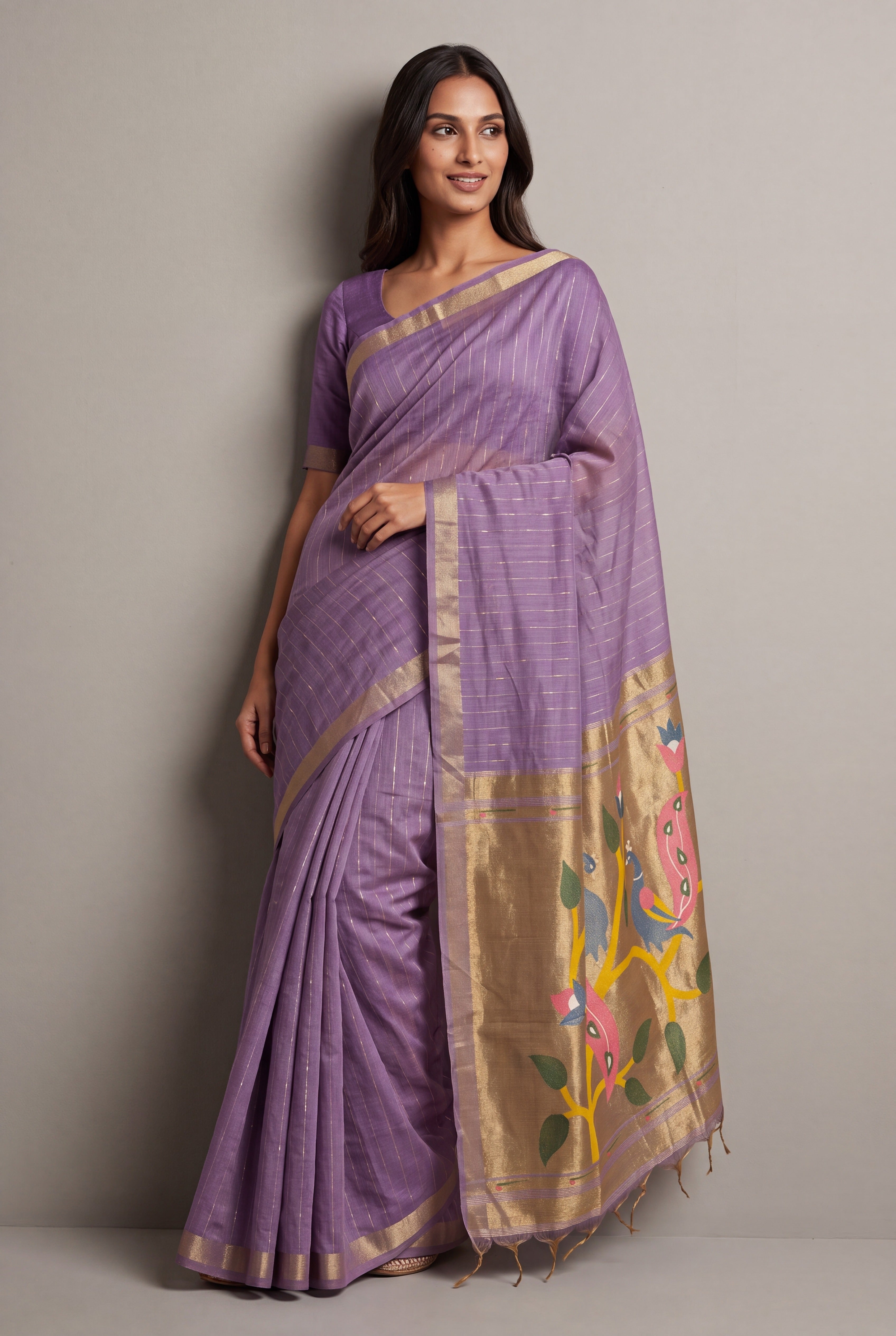 Pastel Purple Jamdhani Cotton Paithani Saree with Zari stripes