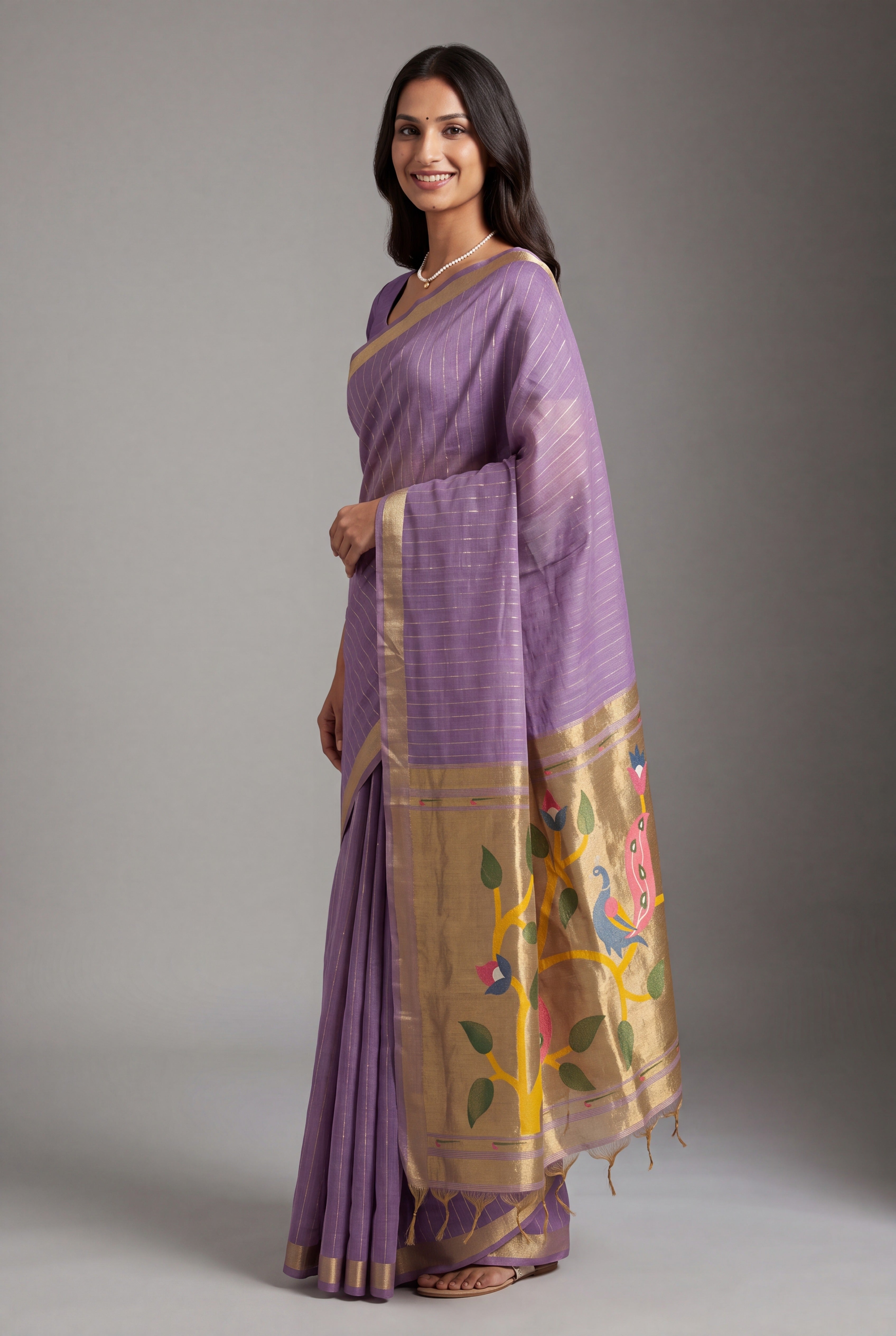 Pastel Purple Jamdhani Cotton Paithani Saree with Zari stripes
