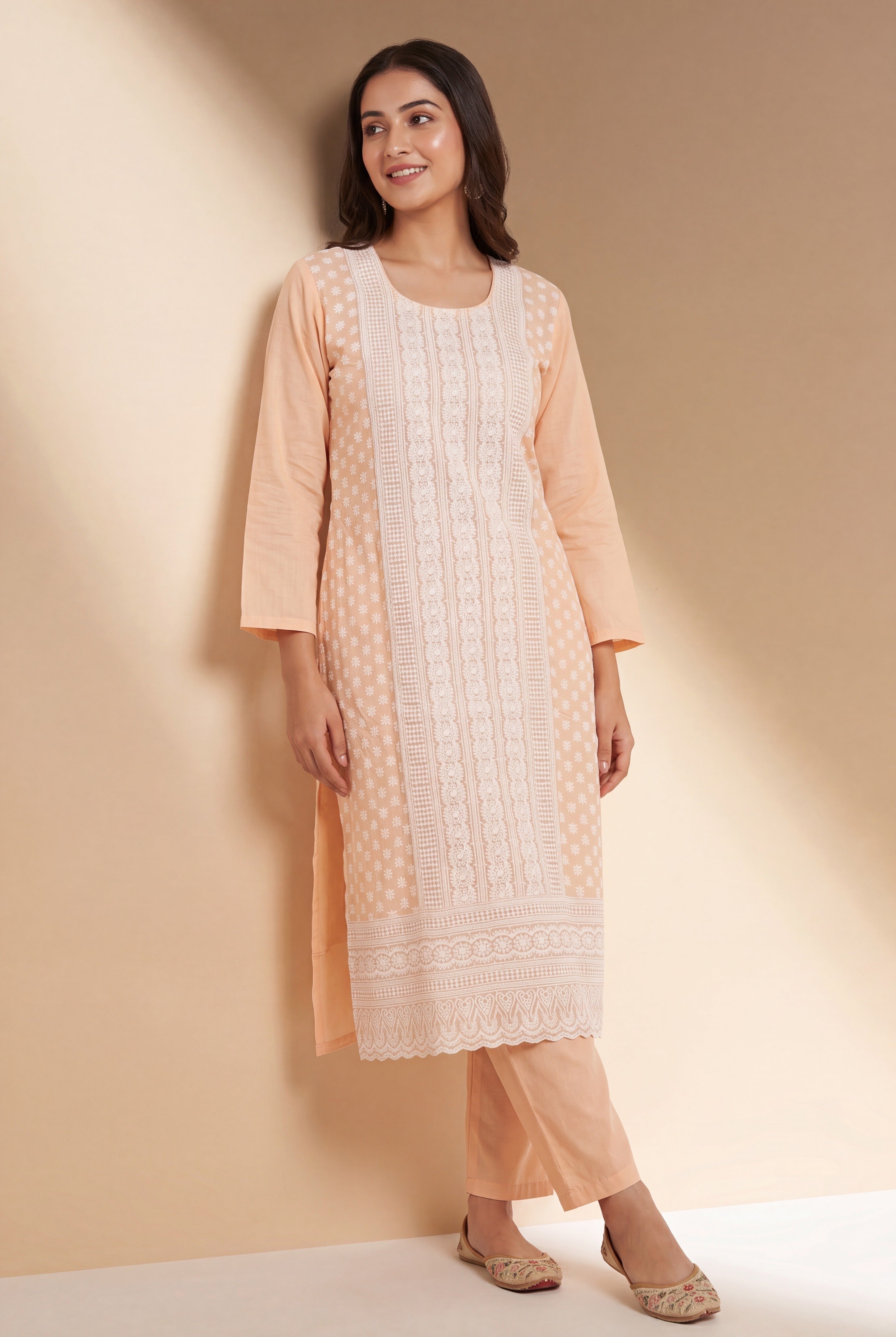 Peach Kumudini Cotton Kurti with Chikankari Embroidary