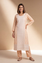 Peach Kumudini Cotton Kurti with Chikankari Embroidary