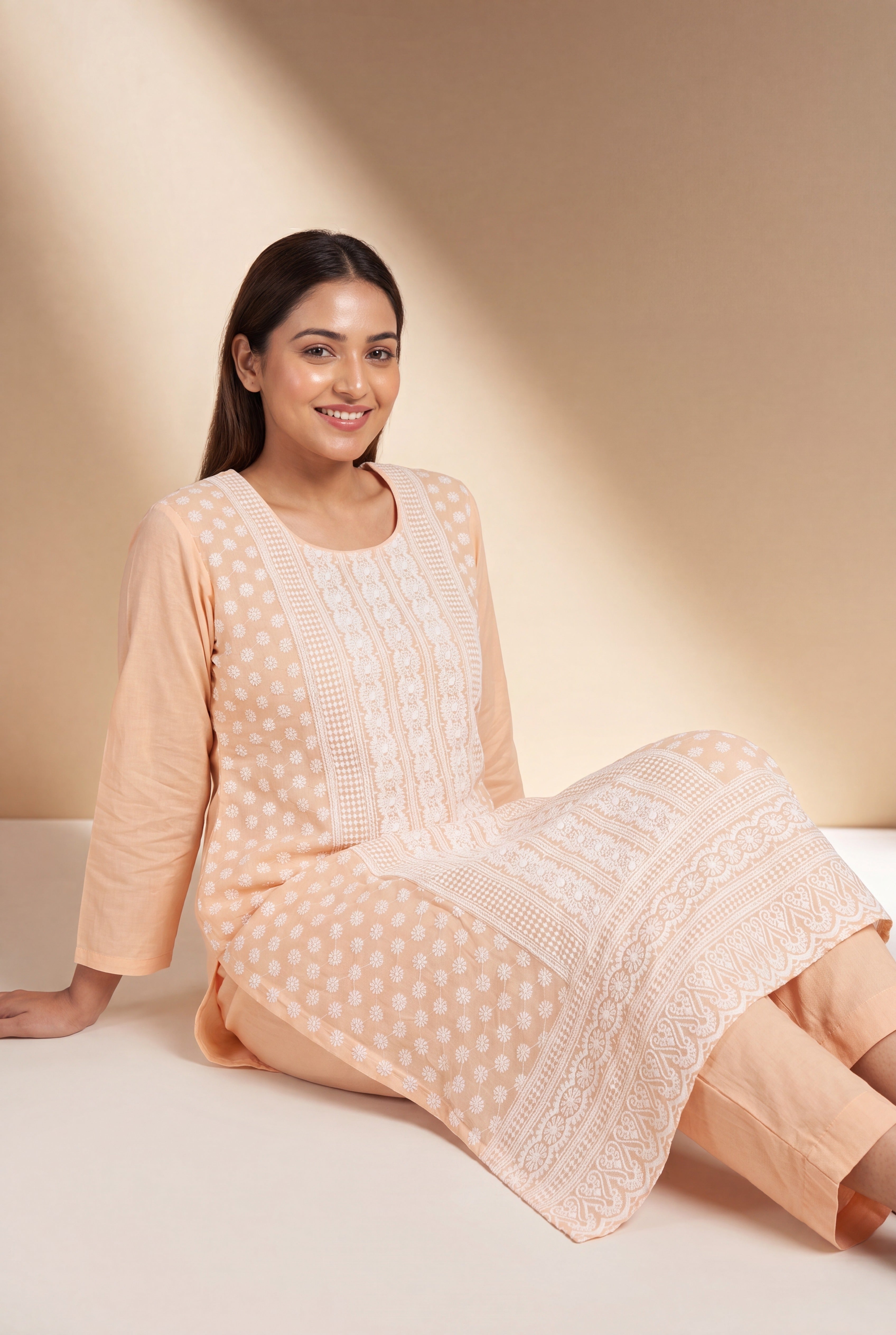 Peach Kumudini Cotton Kurti with Chikankari Embroidary