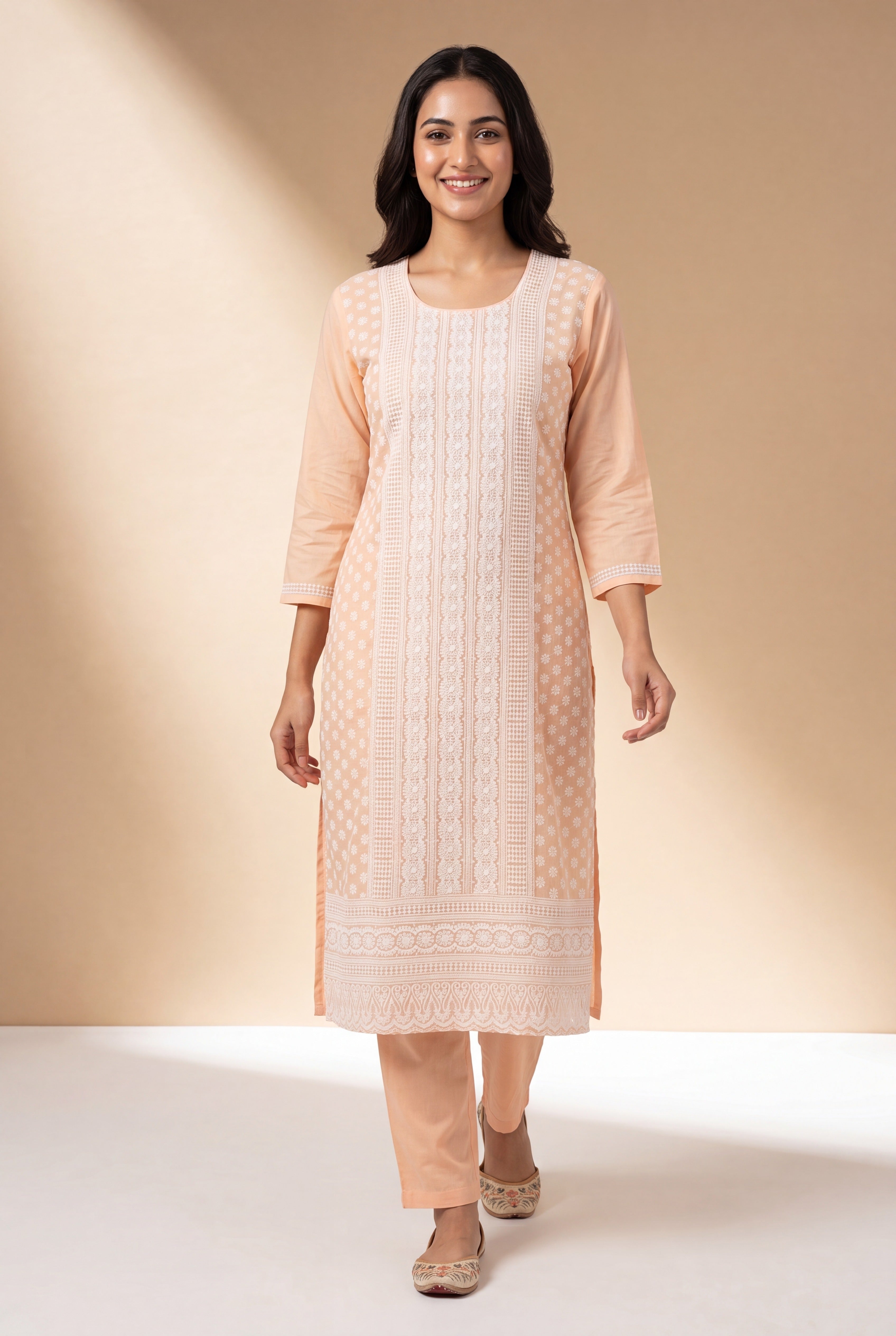 Peach Kumudini Cotton Kurti with Chikankari Embroidary